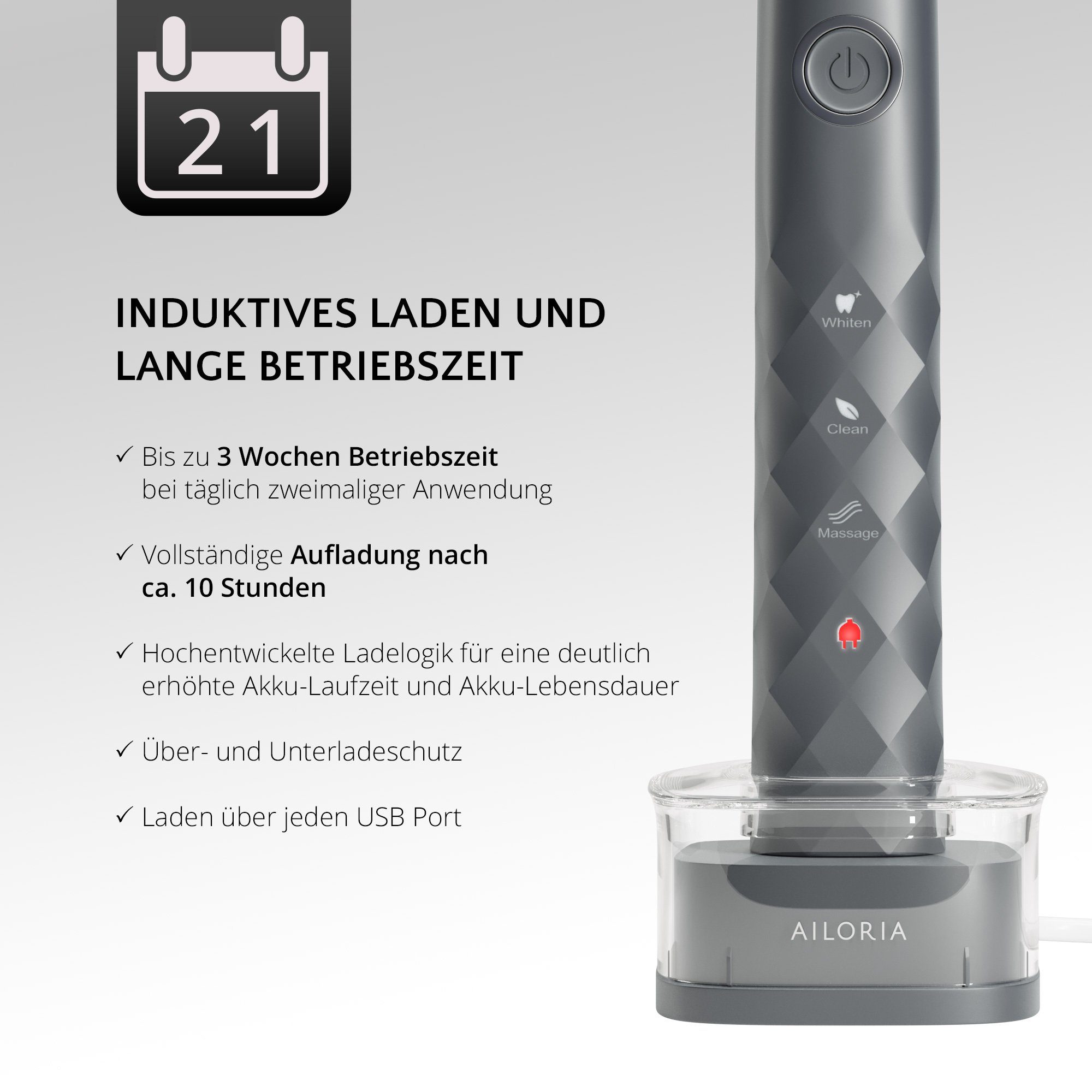 AILORIA Schallzahnbürste SHINE BRIGHT USB-Schallzahnbürste, Aufsteckbürsten: 2 St., Dynamische Reinigungswirkung