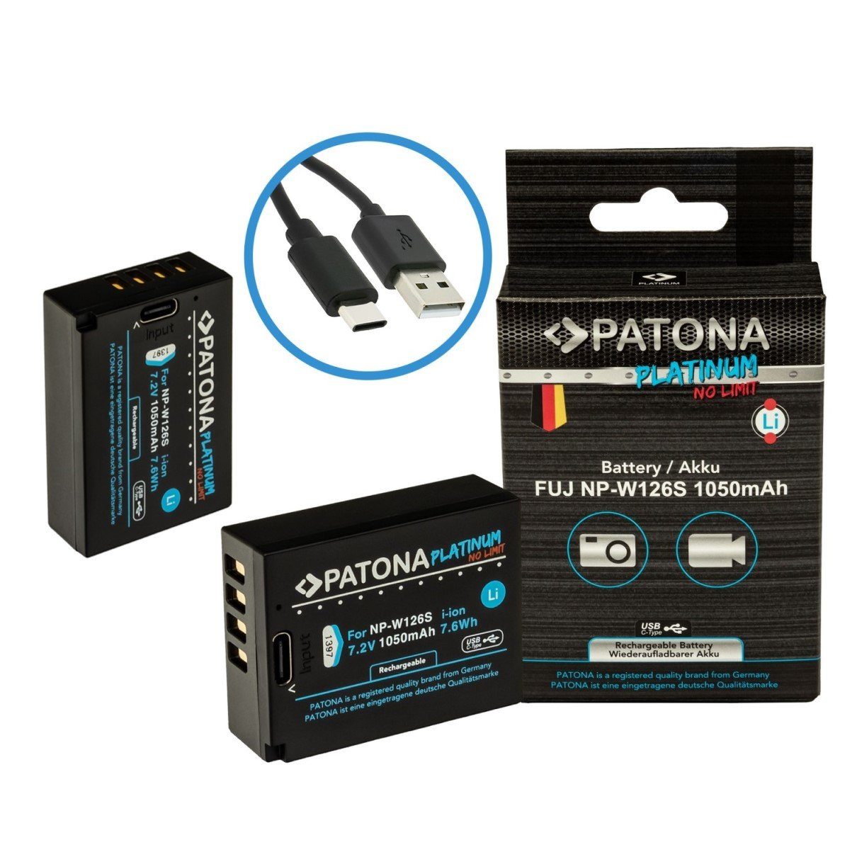 Patona 2x Platinum Akku für Fuji NP-W126S mit USB C Input Kamera-Akku Ersatzakku Akku 1050 mAh (7,2 V, 2 St), FUJIFILM X-H1 X-Pro3 X-T100