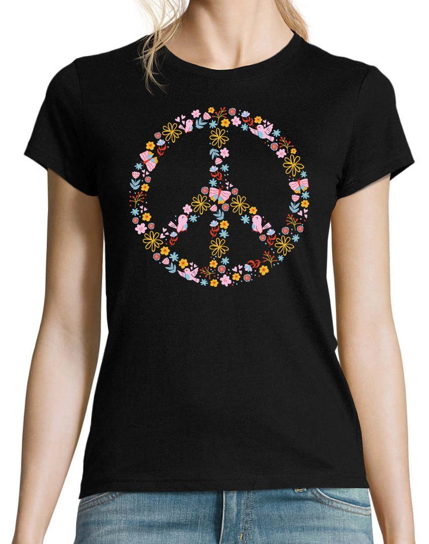 Youth Designz T-Shirt Peace Flowers mit Shirt Look Schwarz Trendigem Retro Damen