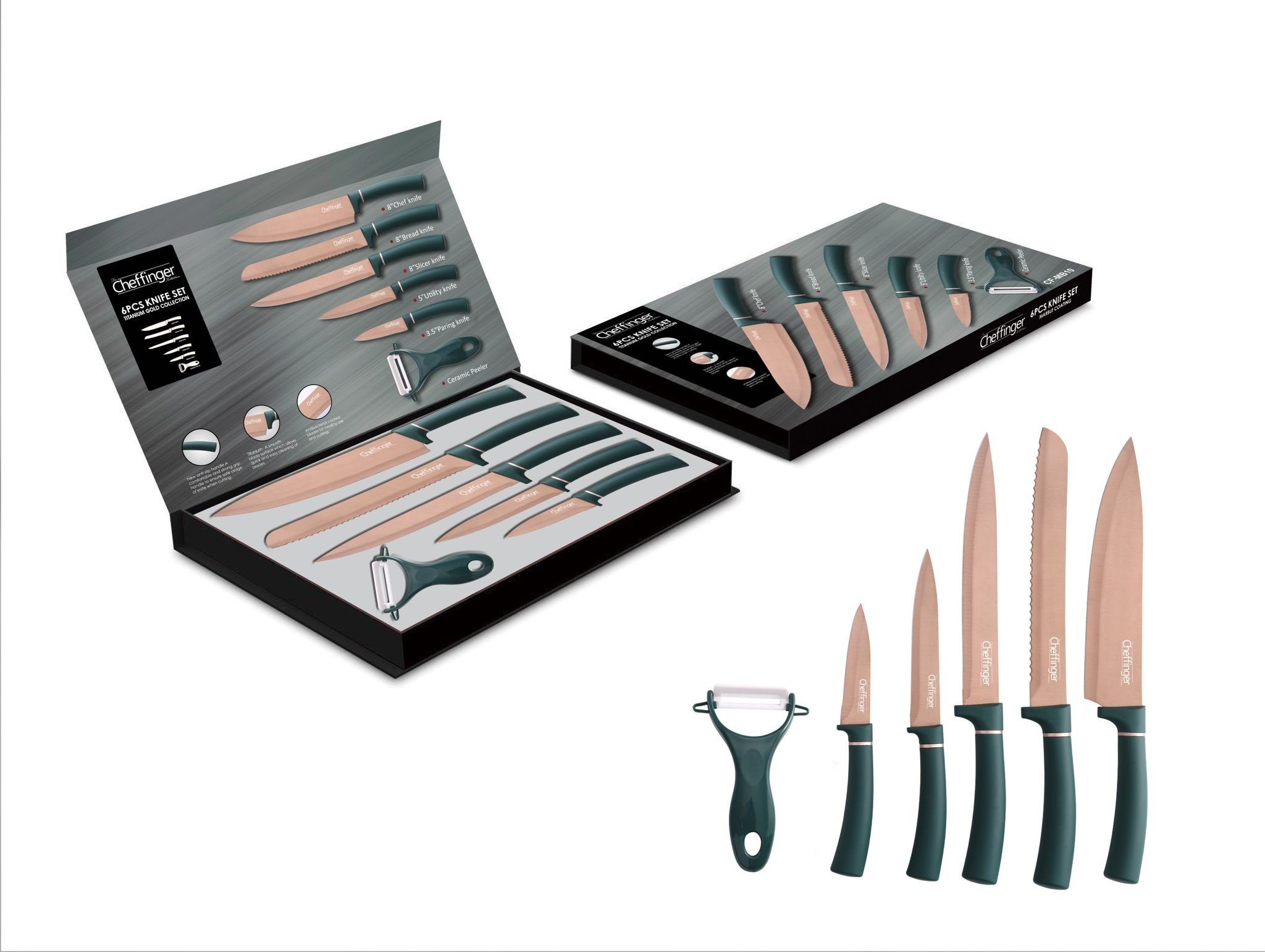 Cheffinger Topf-Set 6 tlg Edel Messerset Messer Fleischmesser Brotmesser, (6-tlg)