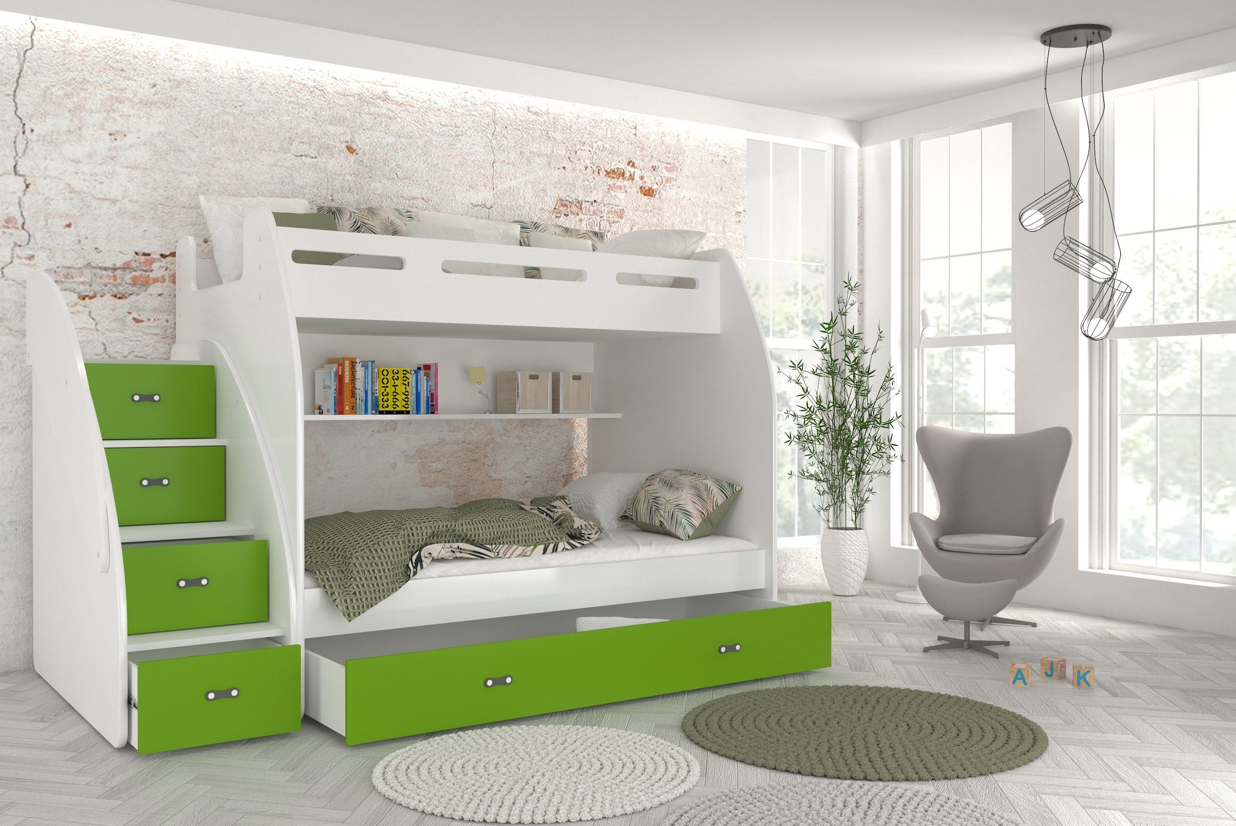 Unique Home Hochbett Hochbett, ZU Matratze,Farbe Weiß/Grün mit Etagenbett wählbar