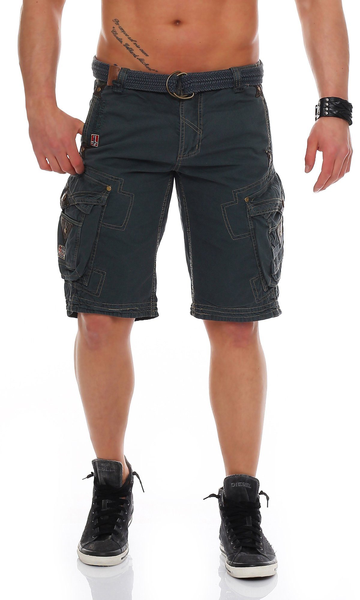 Geographical Norway Cargoshorts Herren Shorts G-PERLE (mit abnehmbarem Gürtel) Shorts, kurze Hose, unifarben / camouflage Blau