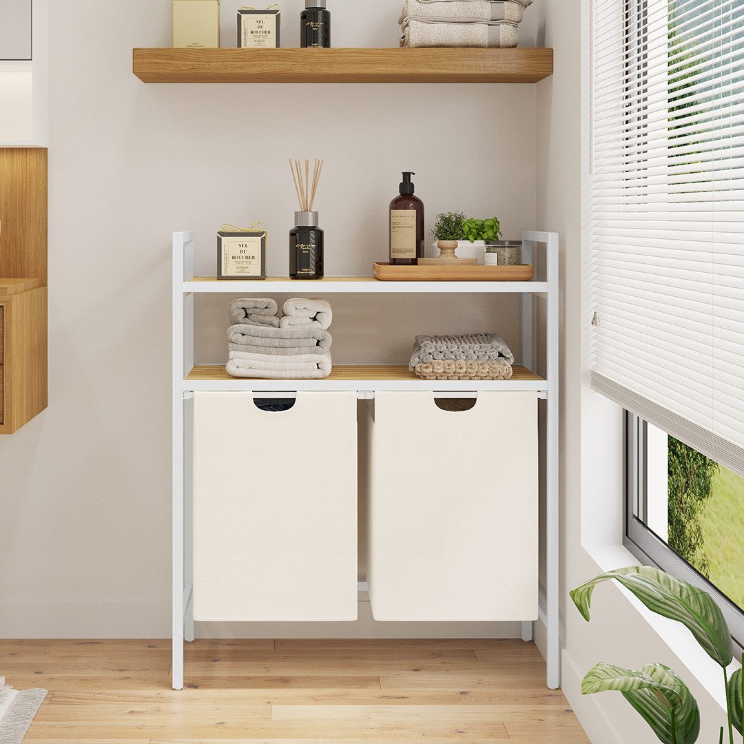 STEELSØN Wäschekorb Rigil aus Metall (2 Fächer (90 L) mit 2 Bambus-Ablagen, günstig online kaufen