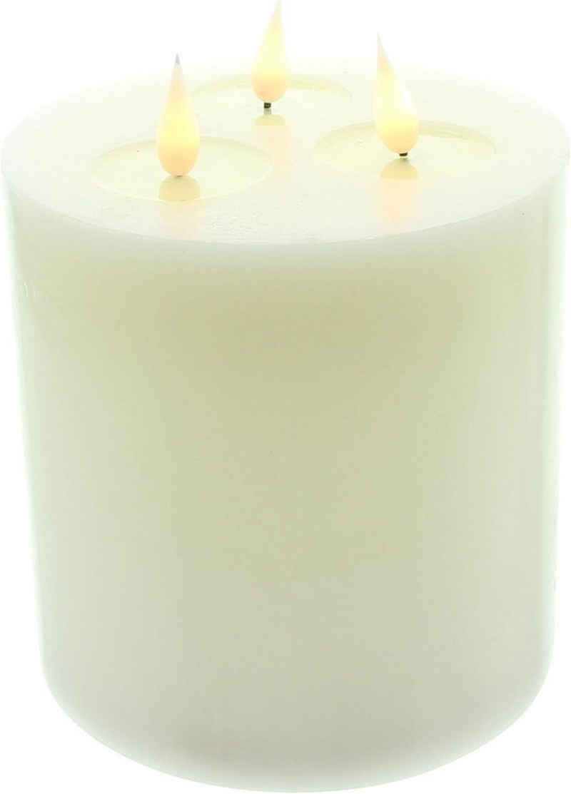Dekoleidenschaft LED-Kerze 3 Docht Kerze "Classic" aus Echtwachs in creme Ø 15x18 cm Stumpenkerze, große Wachskerze mit Timer, Mehrdochtkerze, flammenlos flackernd