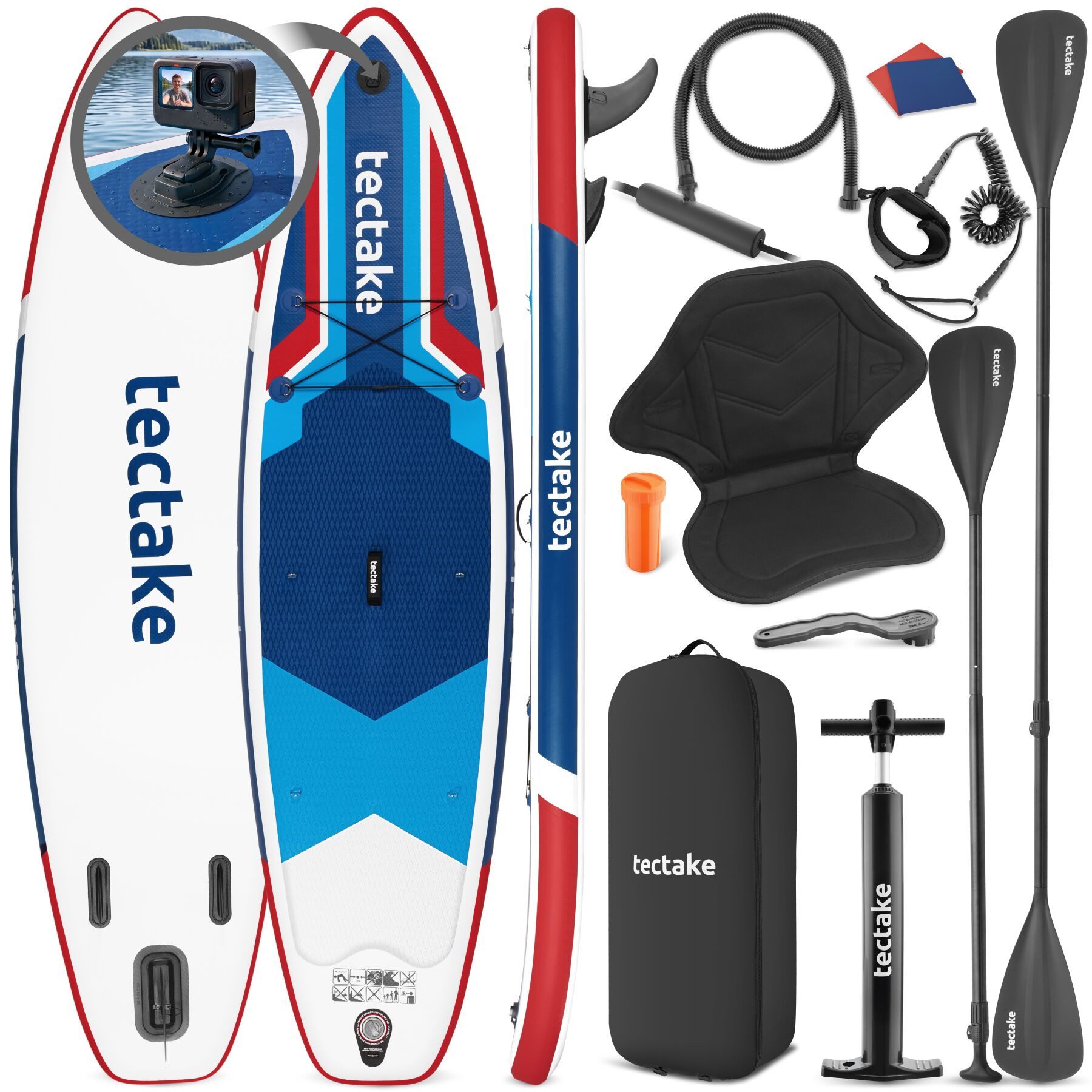 tectake SUP-Board Aufblasbares Paddelboard mit Kamerahalterung, Kajak-Sitz, rutschfest, Stand-up Paddle, (Aufblasbares Sup Board Poseidon, in Rot/blau), Belastbar bis 200 kg, inkl. Zubehör, verstellbares Doppelpaddel
