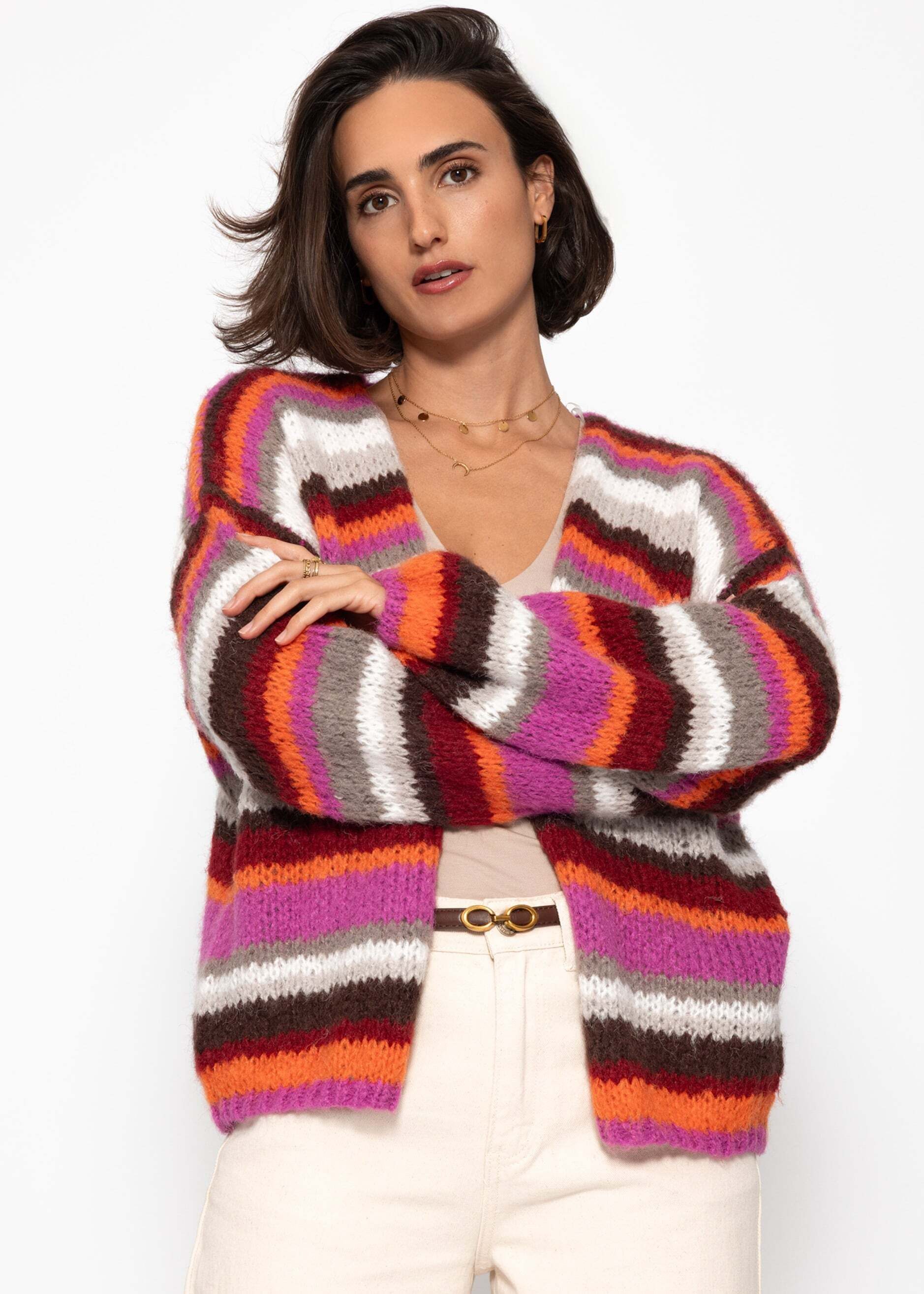 SASSYCLASSY Cardigan Gestreifte Strickjacke für Damen Mehrfarbig Multicolor Cardigan mit Streifen Bunt Blau Rosa Grau Braun Orange