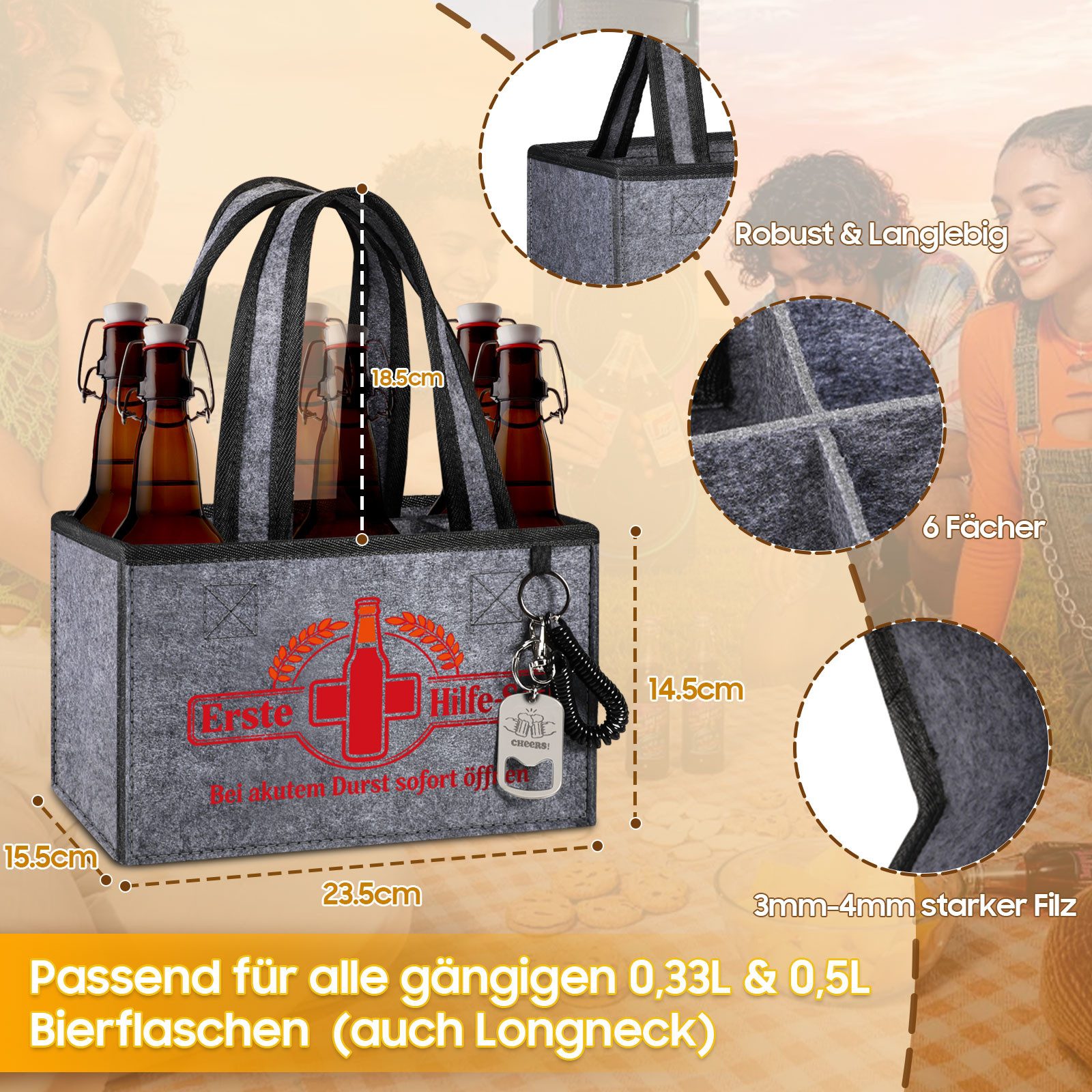 Fintie Flaschenkorb Flaschentasche mit 6 Fächern und Flaschenöffner für 0,33L/0,5L Flasche, Männerhandtasche Bier Filz Lustig Geschenke für Männer Geburtstag Pa – Bild 4 von 5