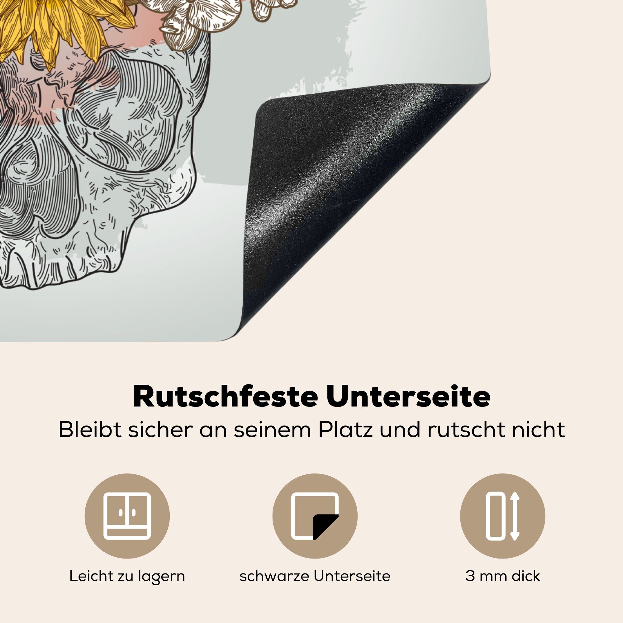 (1 Ceranfeldabdeckung Vinyl, Schönes Totenkopf, auf Mobile nutzbar, 60x52 MuchoWow tlg), cm, Blumenarrangement Herdblende-/Abdeckplatte Arbeitsfläche