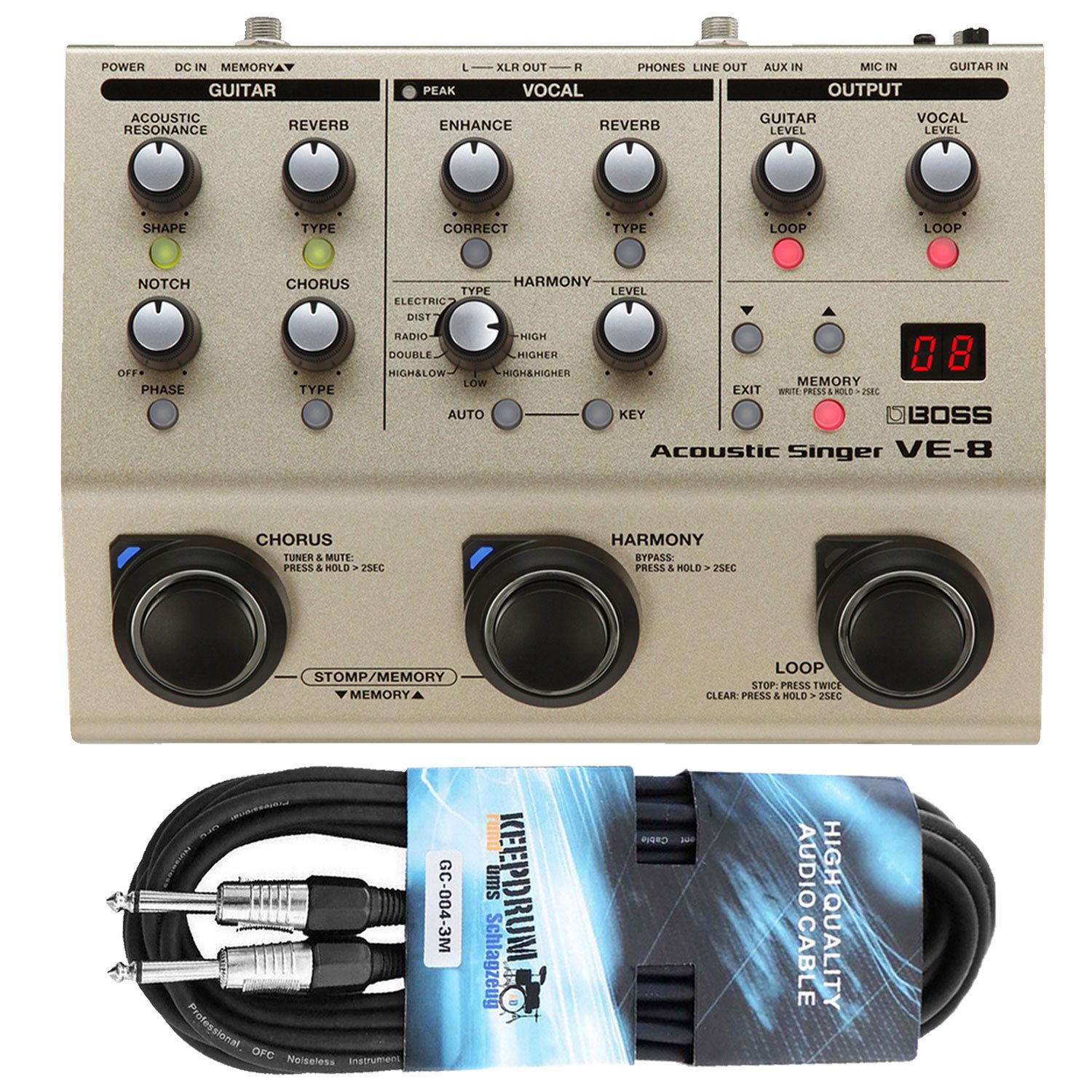 Boss Effektgerät VE-8 Acoustic-Singer mit Klinkenkabel Digitales Aufnahmegerät