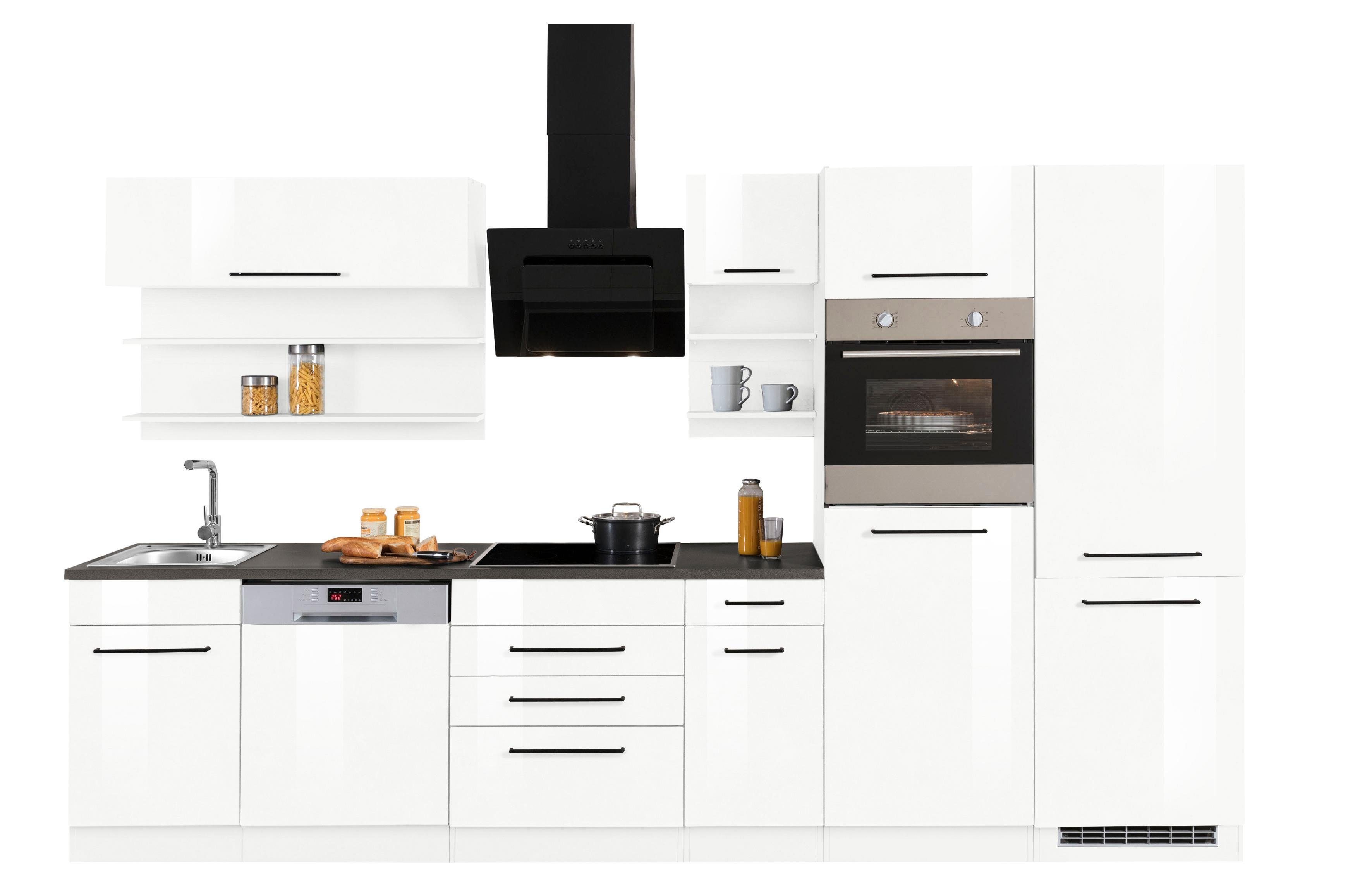 KOCHSTATION Кухниzeile KS-Tulsa, mit E-Geräten, Breite 330 cm, schwarze Metallgriffe, MDF Fronten