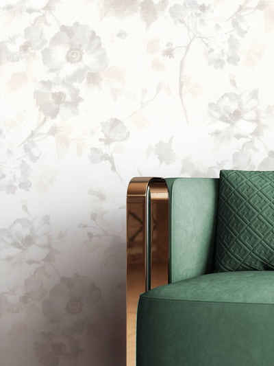 Newroom Vliestapete, Beige Tapete Floral Blumen - Blumentapete Mustertapete Grau Weiß Romantisch Modern Blätter für Wohnzimmer Schlafzimmer Küche
