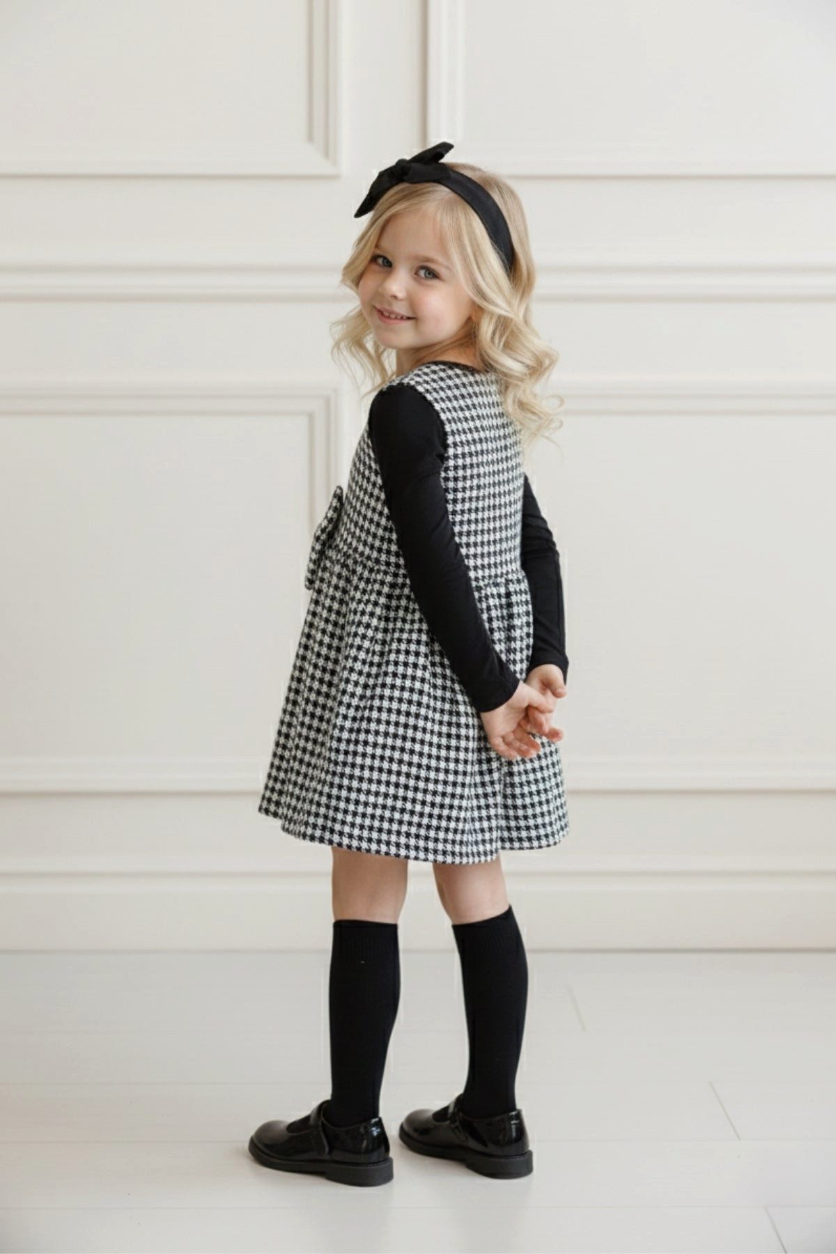 Parla Kids Kleid & Haarband Kleid mit Hahnentritt Muster und Schleife dazu passendes Haarband