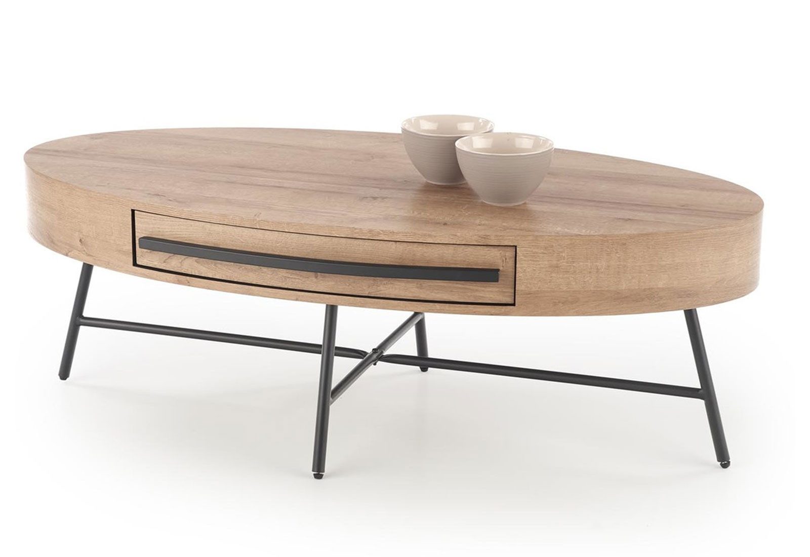 Feldmann-Wohnen Couchtisch Carolina (ovale Tischplatte mit Schubladen, 1-St., moderne Optik, ovale Tischplatte, Metallgestell, Holzoptik), 120x60x41cm Eiche Gold schwarz