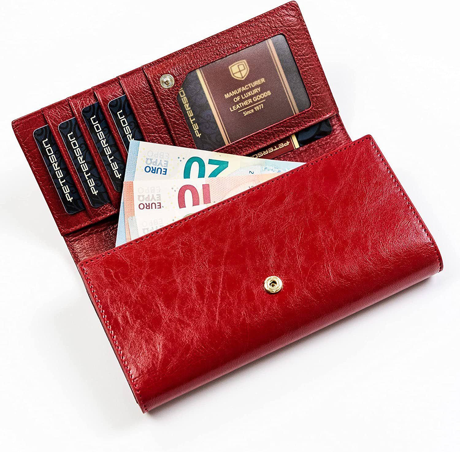 Elemente Technologie, Naturleder, Echtleder RFID Qualität, - Damenbrieftasche Fächer Goldverzierte Zahlreiche Hohe - rot Geldbörse PETERSONⓇ