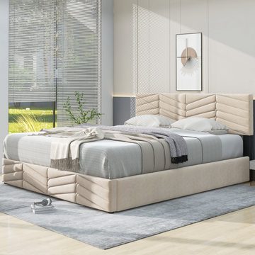 SOFTWEARY Polsterbett Doppelbett mit Lattenrost und Bettkasten (140x200 cm), Kopfteil höhenverstellbar, Samt