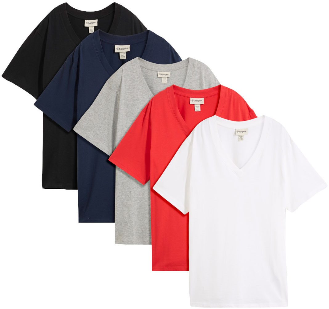 bonprix Longshirt (Packung, 5-tlg) lockere Passform, Kurzarm, mit V-Ausschnitt, unifarben