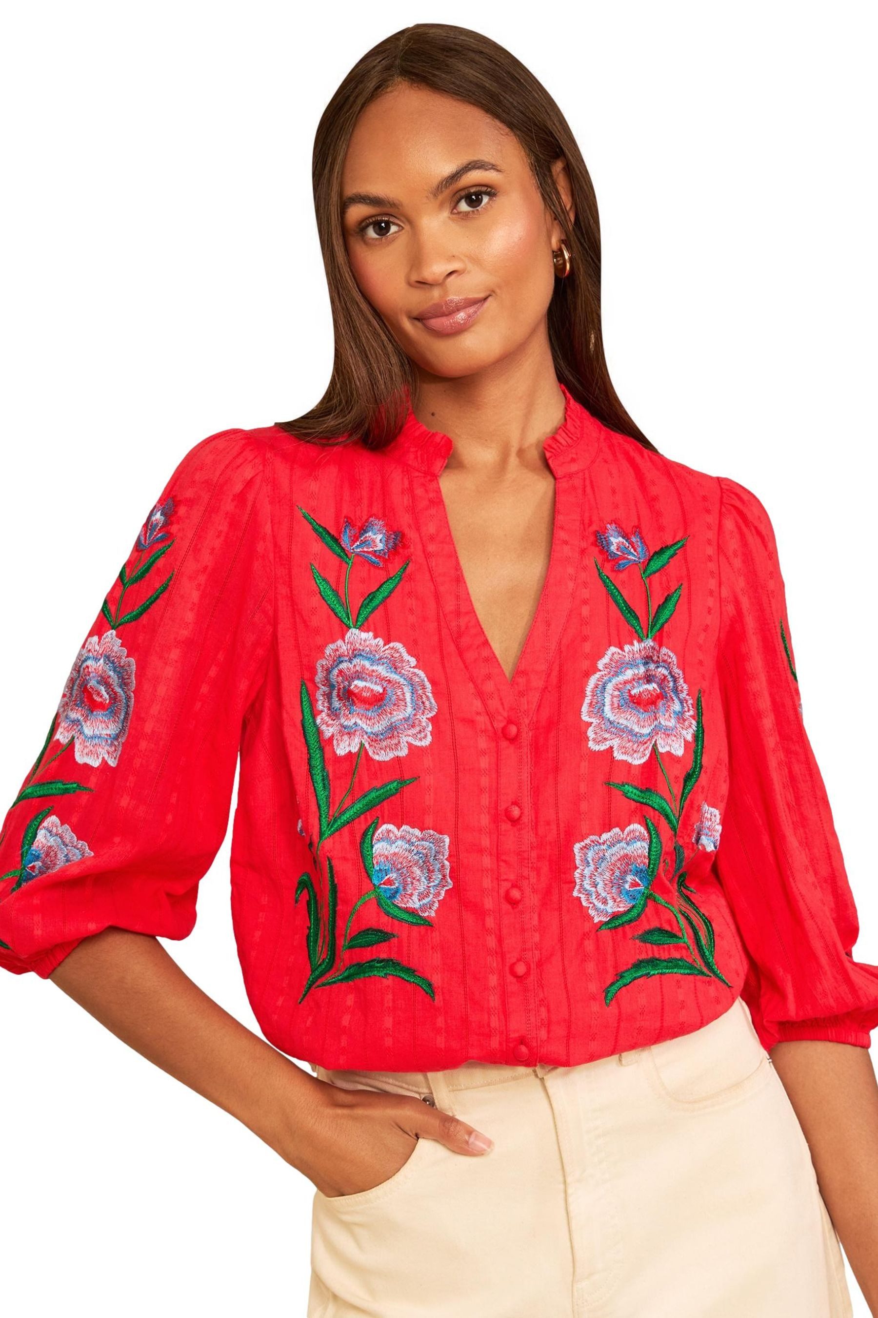 Love & Roses Langarmbluse Love & Roses Bluse mit Kerbausschnitt & Stickerei (1-tlg)