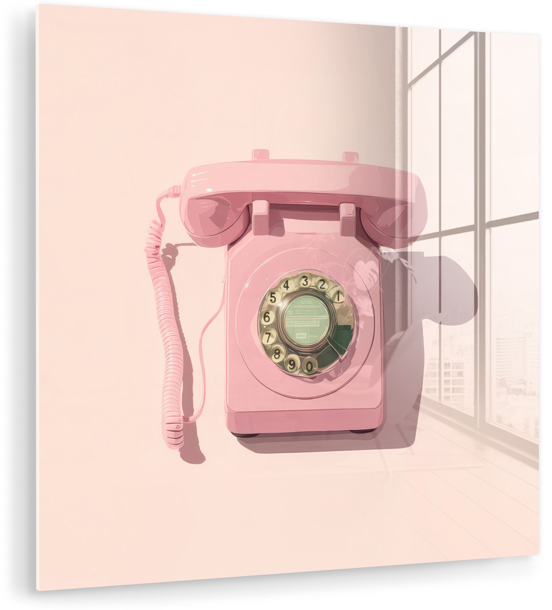 MuchoWow Acrylglasbild Drehbares Telefon - Retro - Rosa, Inkl. Aufhängung, Bilder auf Glas Wandbild, Wanddeko Wohnzimmer Badezimmer, 20x20 cm