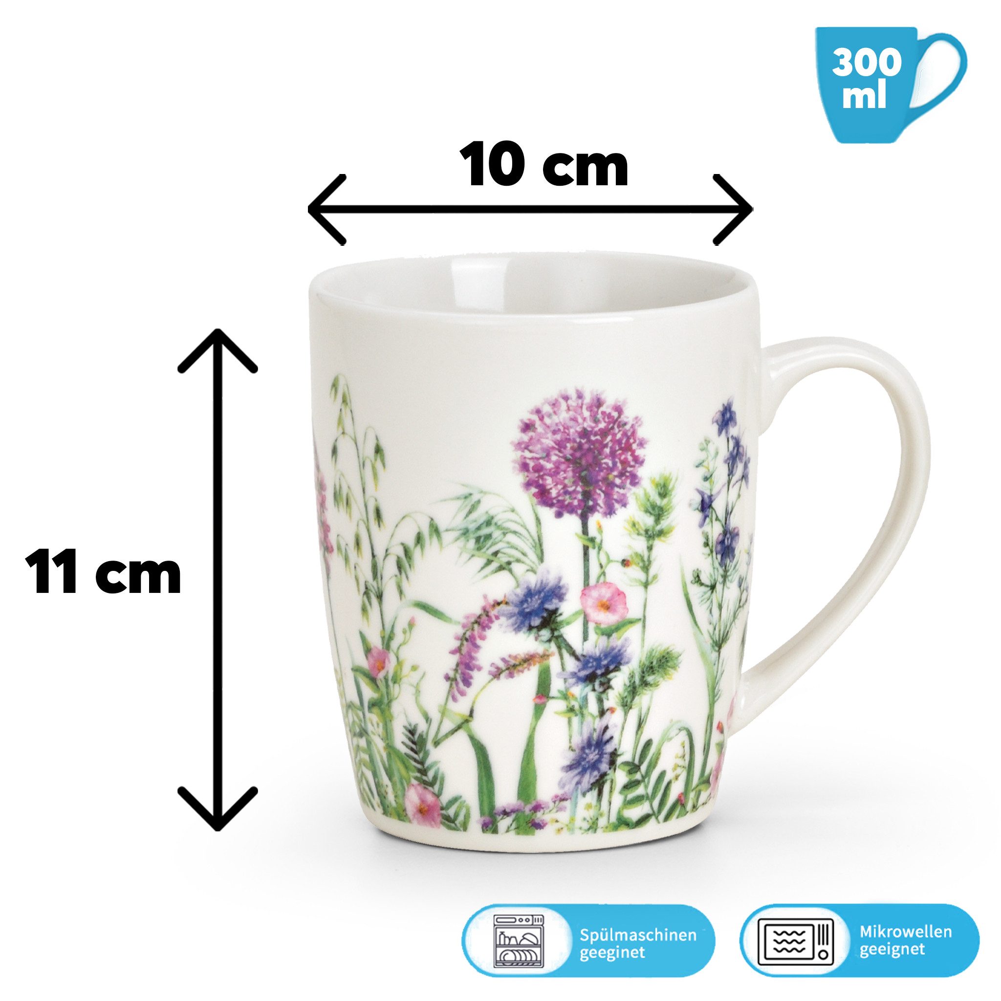 matches21 HOME & HOBBY Tasse Kaffeetassen 2er Set Blumen Bienen Frühling Sommer, 2-tlg., Porzellan, Tee Kaffee-Becher, Vintage, weiss bunt, 300 ml