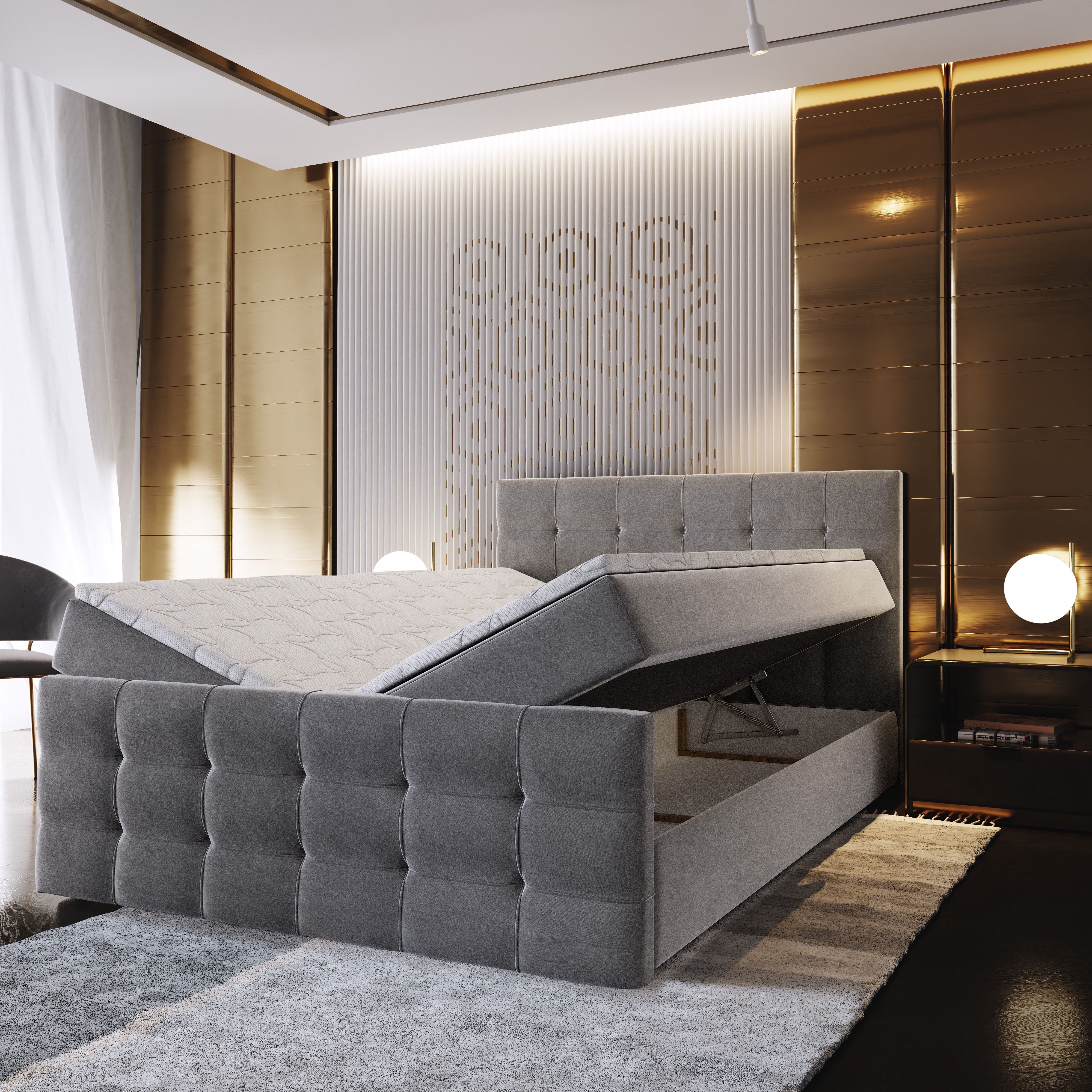 Masseno Boxbett AMON 160x200 cm mit Bonell Matratze und Topper, Doppelbett, Polsterbett mit Kopfteil, Boxspringbett