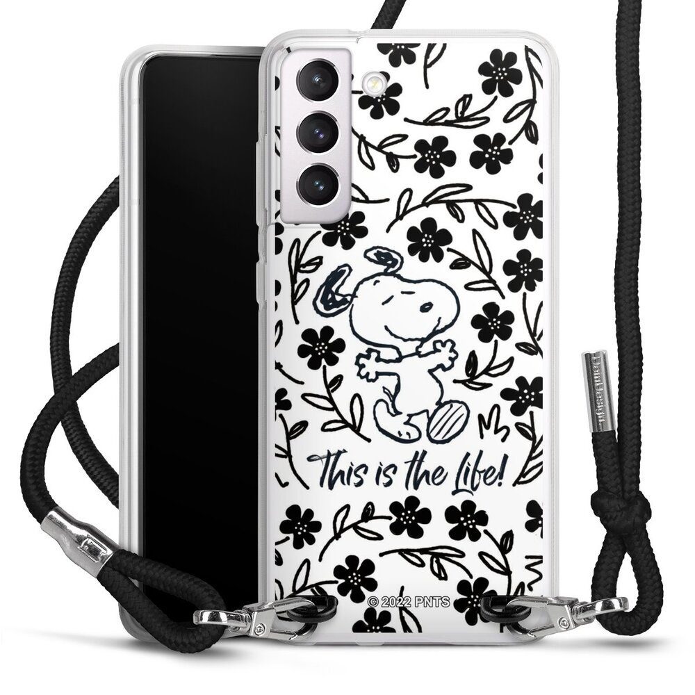 DeinDesign Handyhülle Peanuts Blumen Snoopy Snoopy Black and White This Is The Life, Samsung Galaxy S21 FE 5G Handykette Hülle mit Band Case zum Umhängen