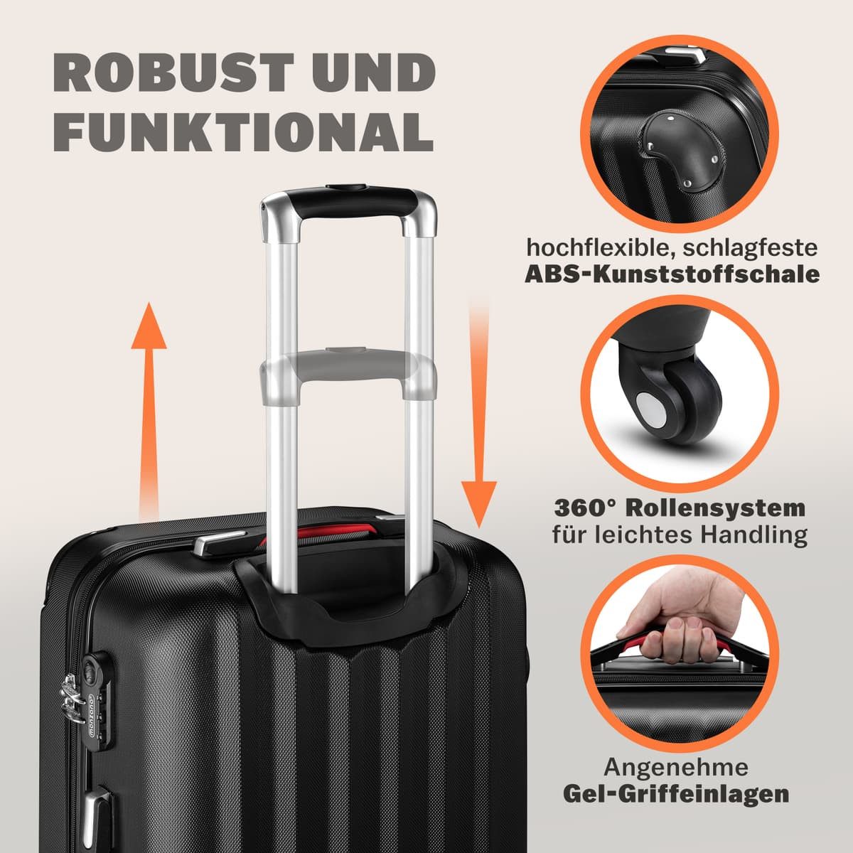 monzana Hartschalen-Trolley Baseline, 4 Rollen Rollen, Rollkoffer Zahlenschloss Reisekoffer Hartschalenkoffer Trolley Schwarz