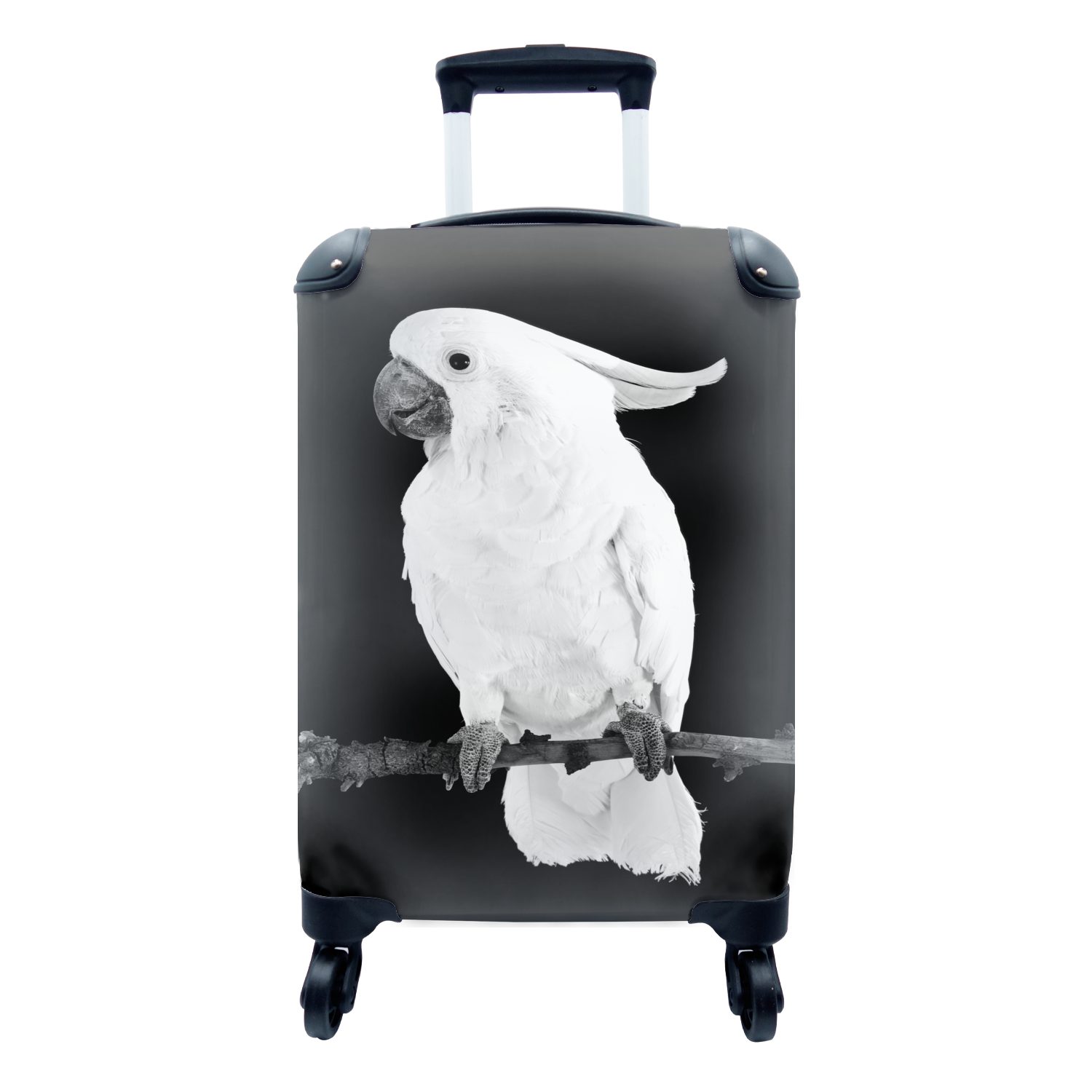 MuchoWow Handgepäckkoffer Weißer Kakadu auf schwarzem Hintergrund - schwarz und weiß, 4 Rollen, Reisetasche mit rollen, Handgepäck für Ferien, Trolley, Reisekoffer