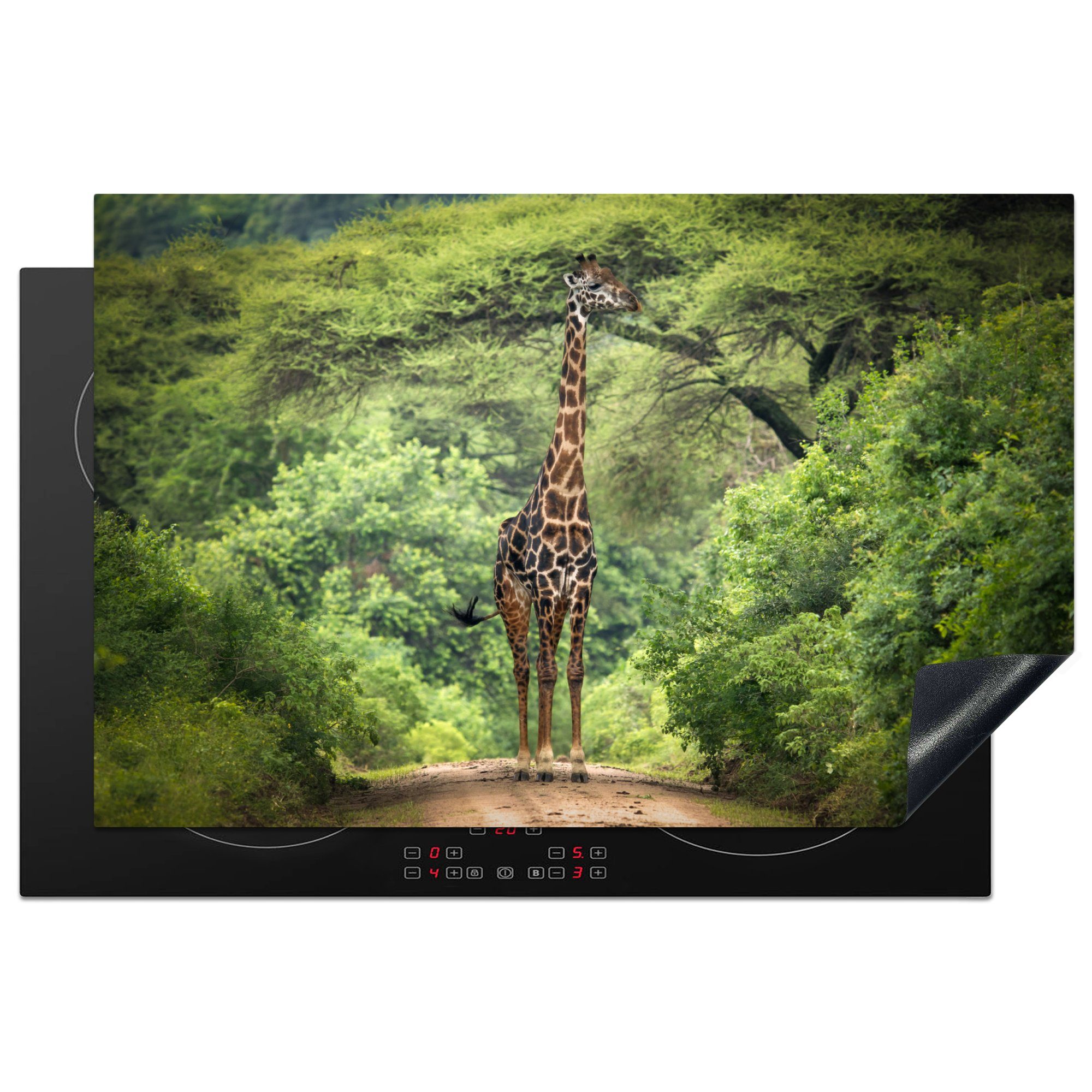 MuchoWow Herdblende-/Abdeckplatte Giraffe - Natur - Bäume, Vinyl, (1 tlg), 81x52 cm, Induktionskochfeld Schutz für die küche, Ceranfeldabdeckung