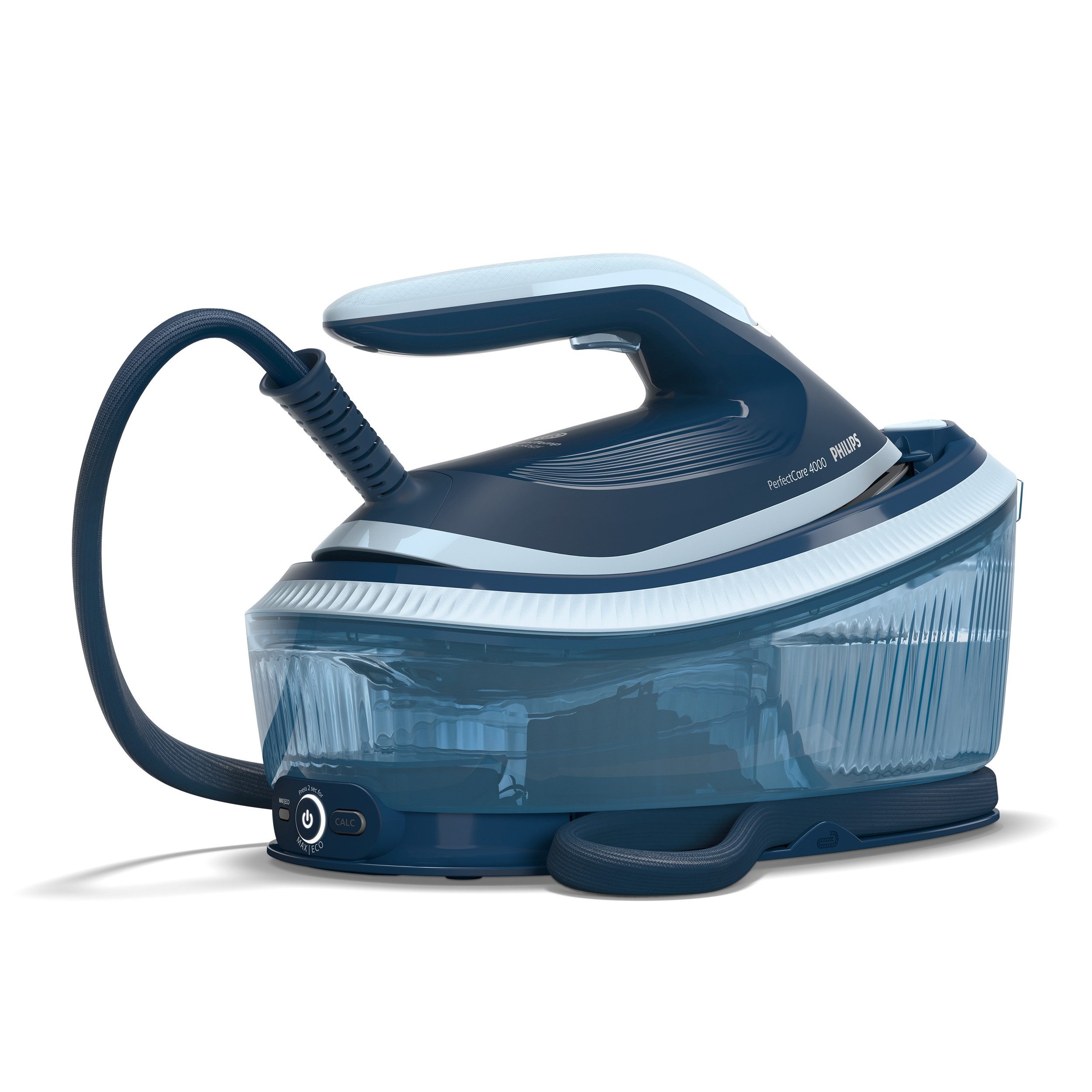 Philips Dampfbügelstation 4000 Series PSG4020/20, dunkelblau, 1700 ml Wassertank, 2.400 Watt, Vertikaldampf, SteamGlide Plus Bügelsohle, 450gr Dampfstoß