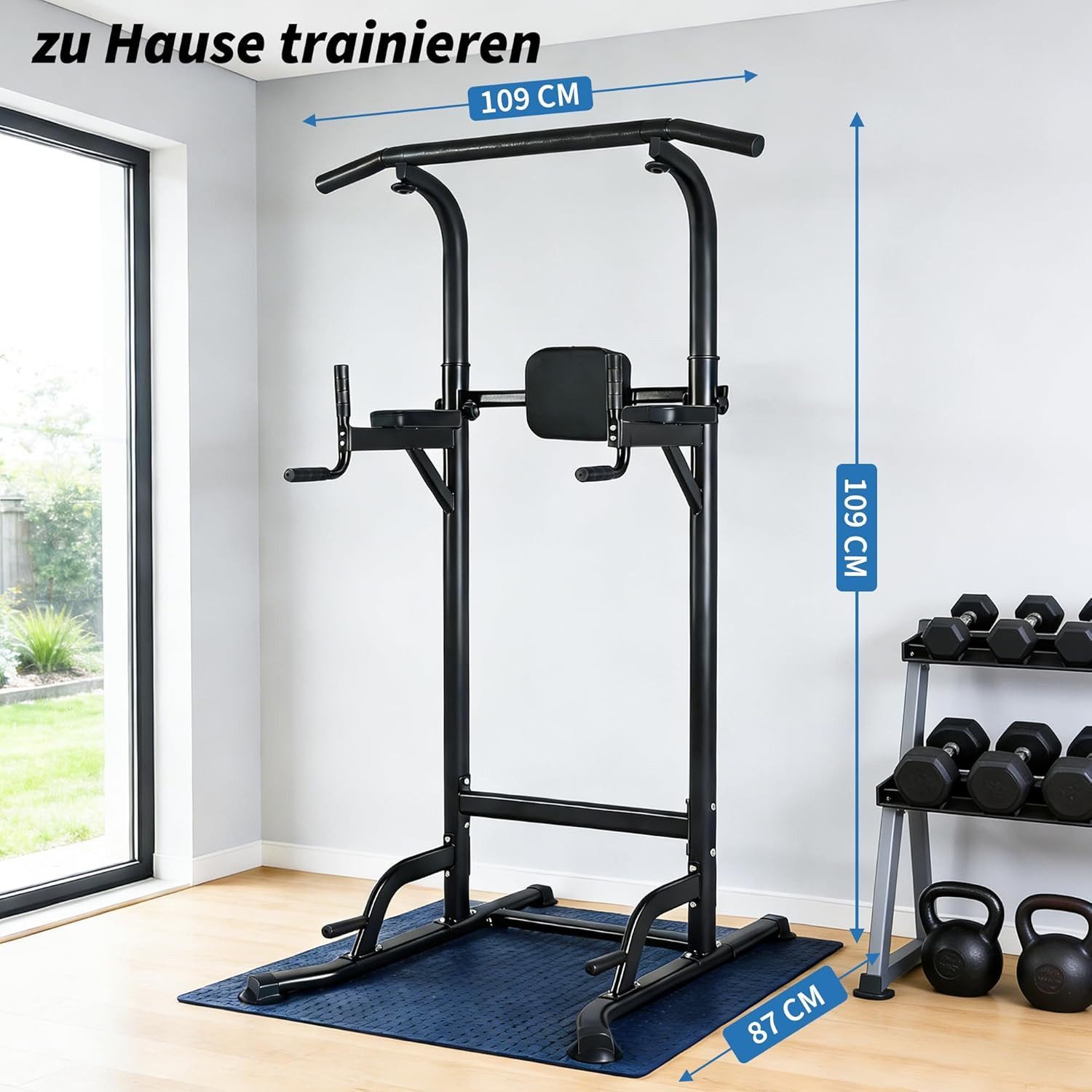 Nettlife Kraftstation Freistehend Power Tower Dip-Station & Klimmzugstange, (109x87x230cm), Klimmzugstange verstellbarer Höhe für Krafttraining zu Hause
