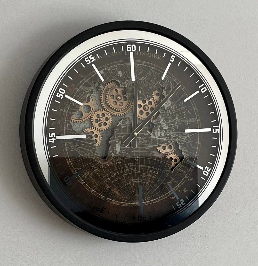 Uhr rund römische ziffern zahnrad metall schwarz small - J-Line