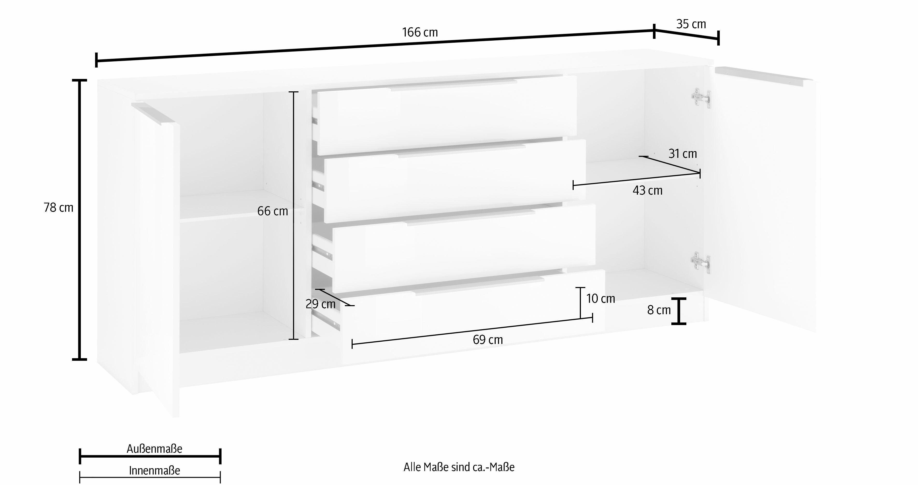 borchardt Möbel Kommode Oliva, Kommode mit Metallgriffen, Breite 166 cm, mit 4 Schubkästen
