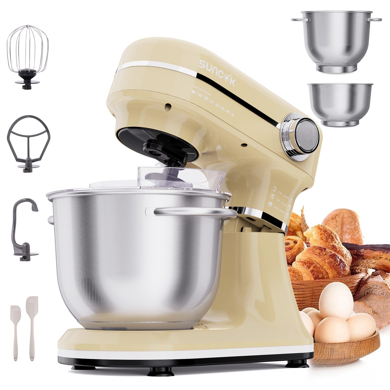SUNCOK Küchenmaschine Multifunktionale Knetmaschine, 12-Geschwindigkeit, 59 Dezibel. geeignet zum Backen und Kneten von Teig, 1500 W, Elektrische Küchenmaschine,mit 2 Edelstahl-Rührschüsseln 4,5 und 5,5l