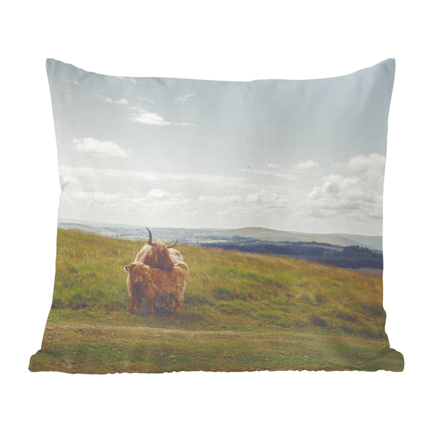 MuchoWow Dekokissen Schottische Highlander - Gras - Wolken - Tiere, Zierkissen mit Füllung für Wohzimmer, Schlafzimmer, Deko, Sofakissen