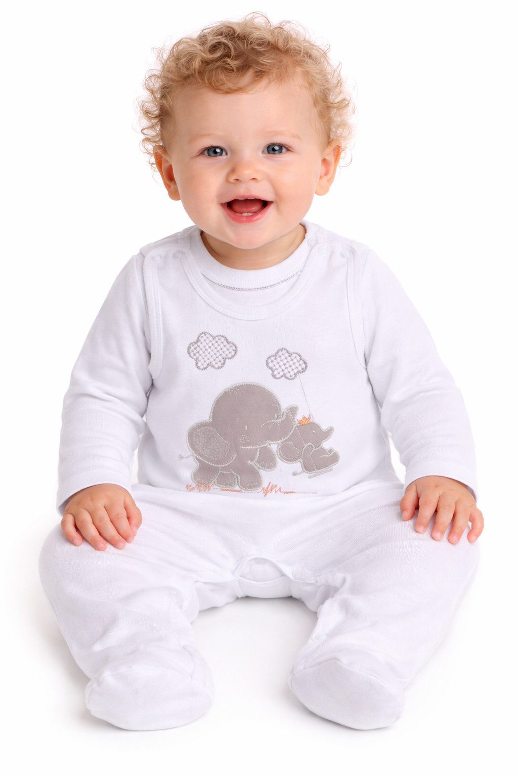 La Bortini Strampler Erstlingsset Stramplerhose und Langarmshirt in Weiß für Neugeborene (2-teilig für Jungen und Mädchen, Erstausstattung) in Weiß mit Elefant-Stickerei, 44 50 56 62 68