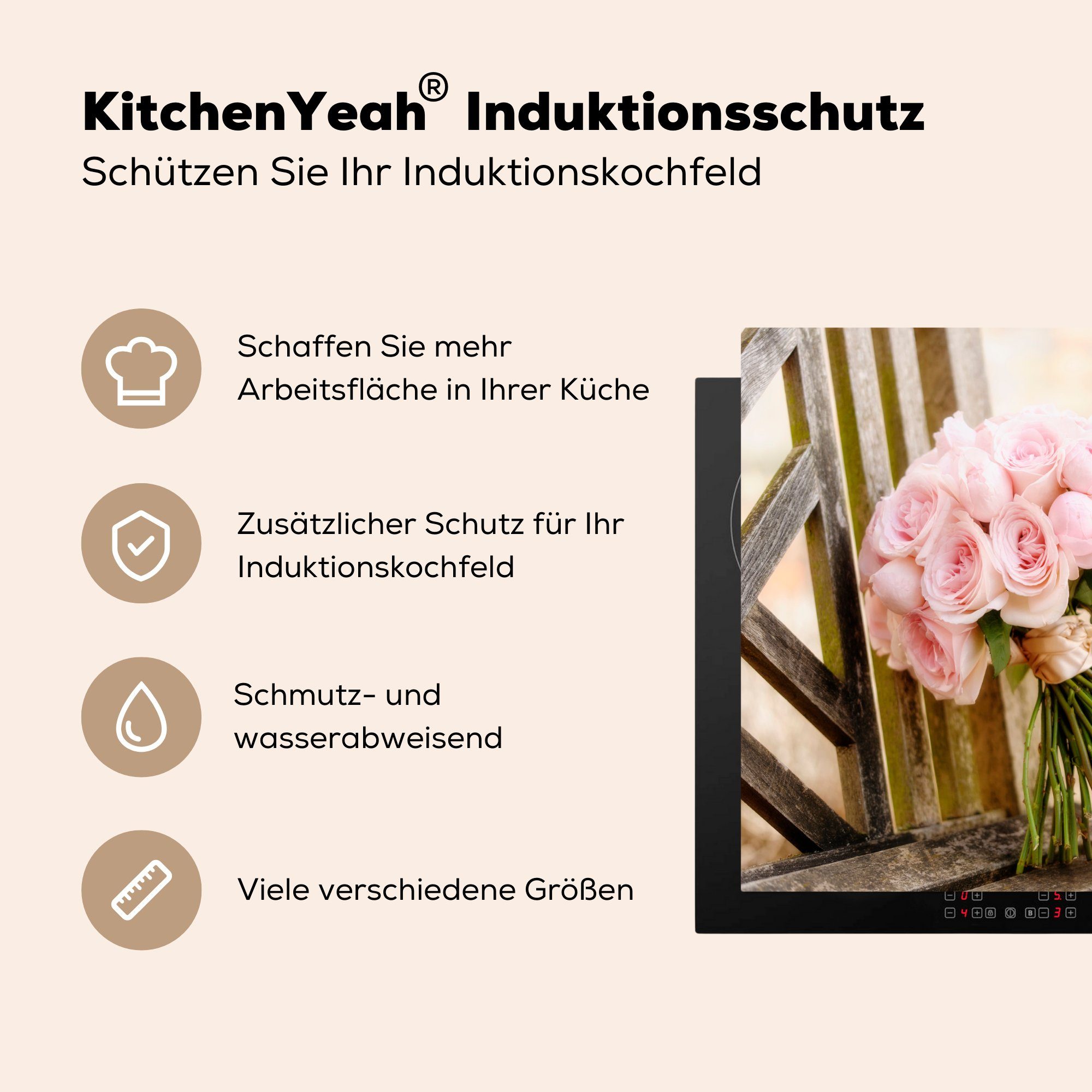 rosa mit (1 Vinyl, Pfingstrosenblüten, Induktionsmatte küche, tlg), cm, 59x52 für Strauß Ceranfeldabdeckung Herdblende-/Abdeckplatte die MuchoWow