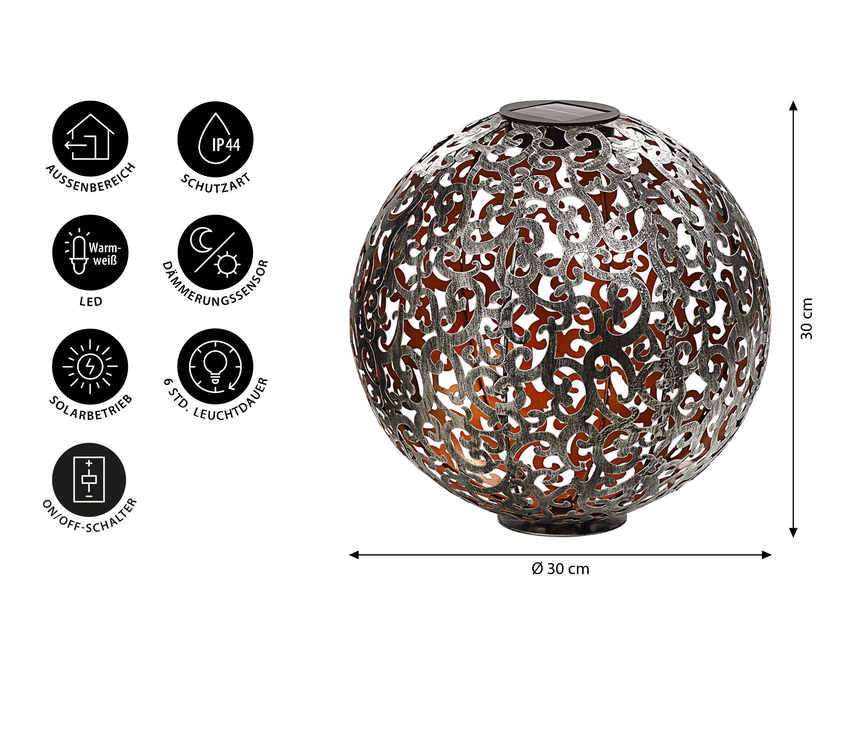 Dehner LED Solarleuchte Solarkugel Luanda, Ø 30 / 40 cm, Metall, Warmweiß, Kugel mit LED-Licht, Solar betrieben, 8 Stunden Leuchtdauer