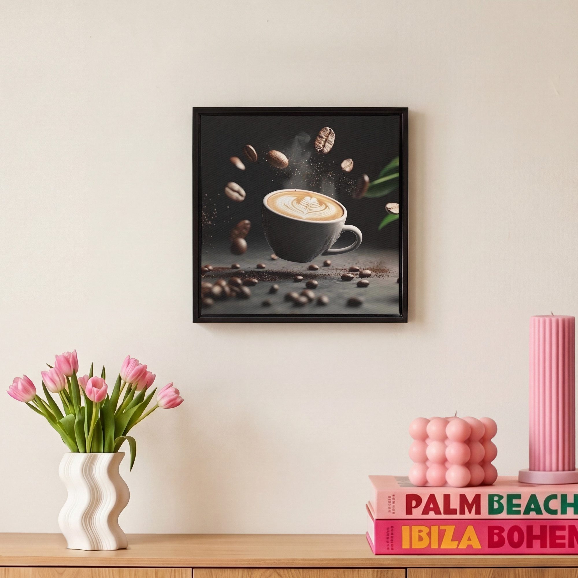 OneMillionCanvasses® Leinwandbild mit Rahmen - Cappuccino - Tasse - Bohnen - Braun, Fotodruck (1 St), Wandbilder für Esszimmer, Wanddeko Bilder Küche, 20x20cm – Bild 4 von 5