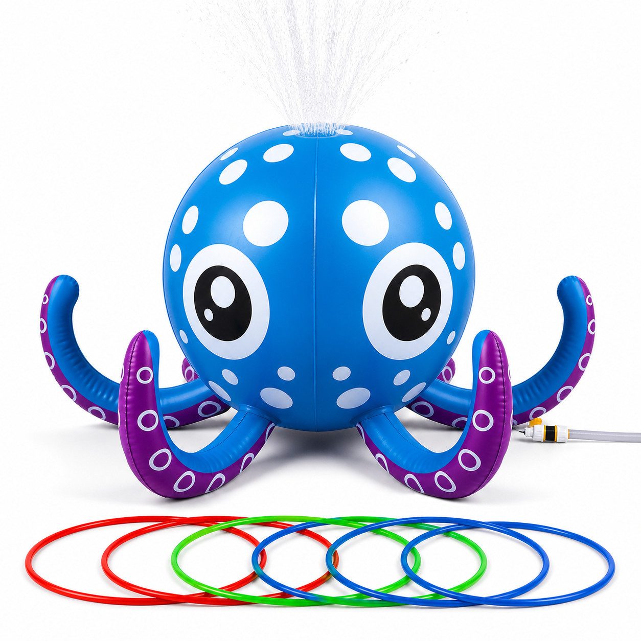 Auney Spiel-Wassersprenkler Wassersprinkler Oktopus Kinder Gartenspielzeug Outdoor Set, Aufblasbarer Oktopus Wassersprinkler mit Wurfringen Outdoor
