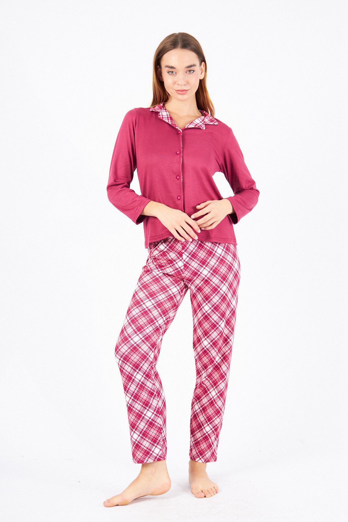 fashionshowcase Pyjama Damen Thermal Schlafanzug Set Wärmend (Oberteil und Hose) mit kariertem Muster, weicher Stoff