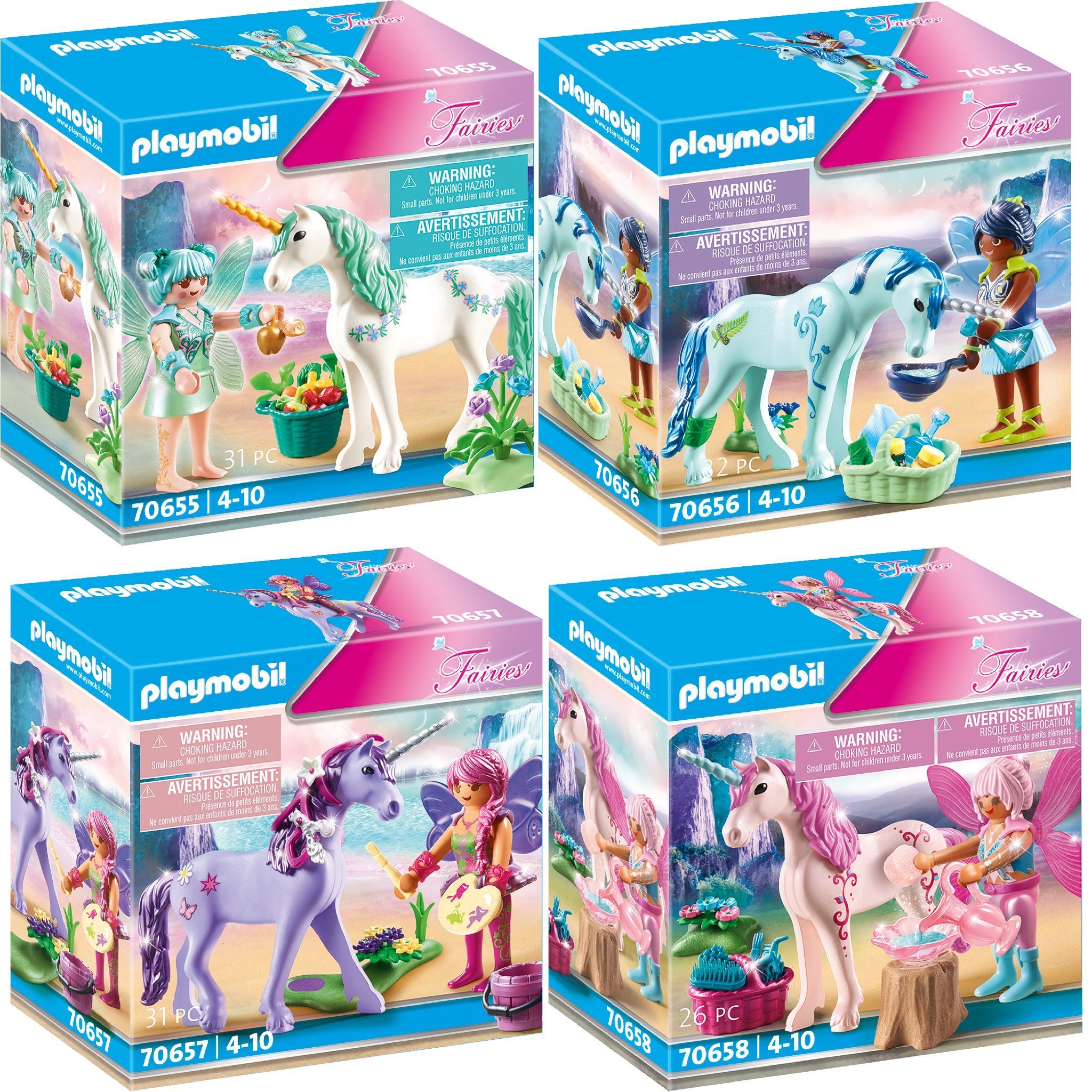 Playmobil® Konstruktions-Spielset 4er Set: 70655 Einhorn mit Fütter-Fee +  70656 Einh