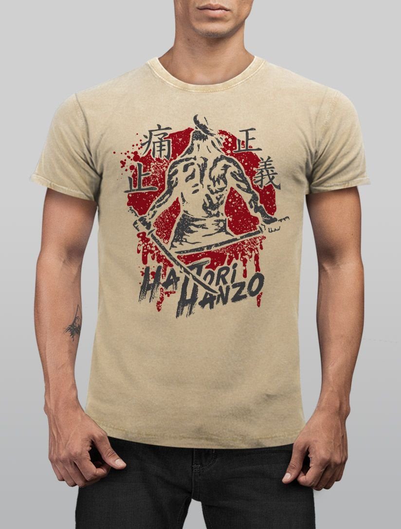 Look mit Herren Schriftzug Vintage Shirt Used Samurai Neverless natur Print-Shirt Print Hanzo japanische Hattori Schriftzeichen Neverless® Schwert