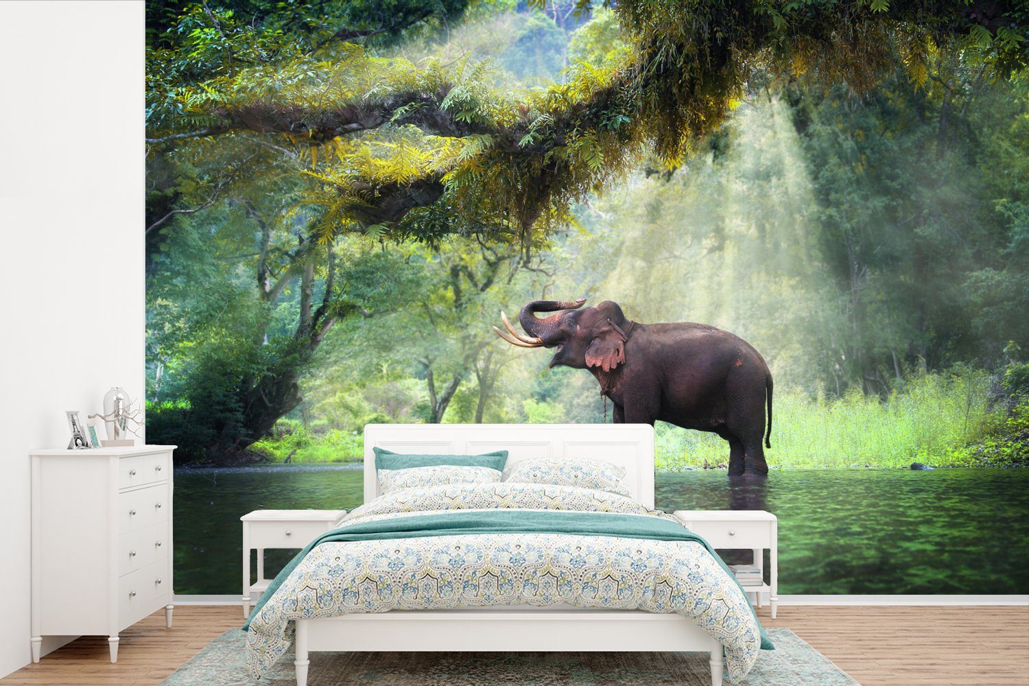 MuchoWow Fototapete Dschungel - Elefant - Wasser, Matt, bedruckt, (6 St), Wallpaper für Wohnzimmer, Schlafzimmer, Kinderzimmer, Vinyl Tapete