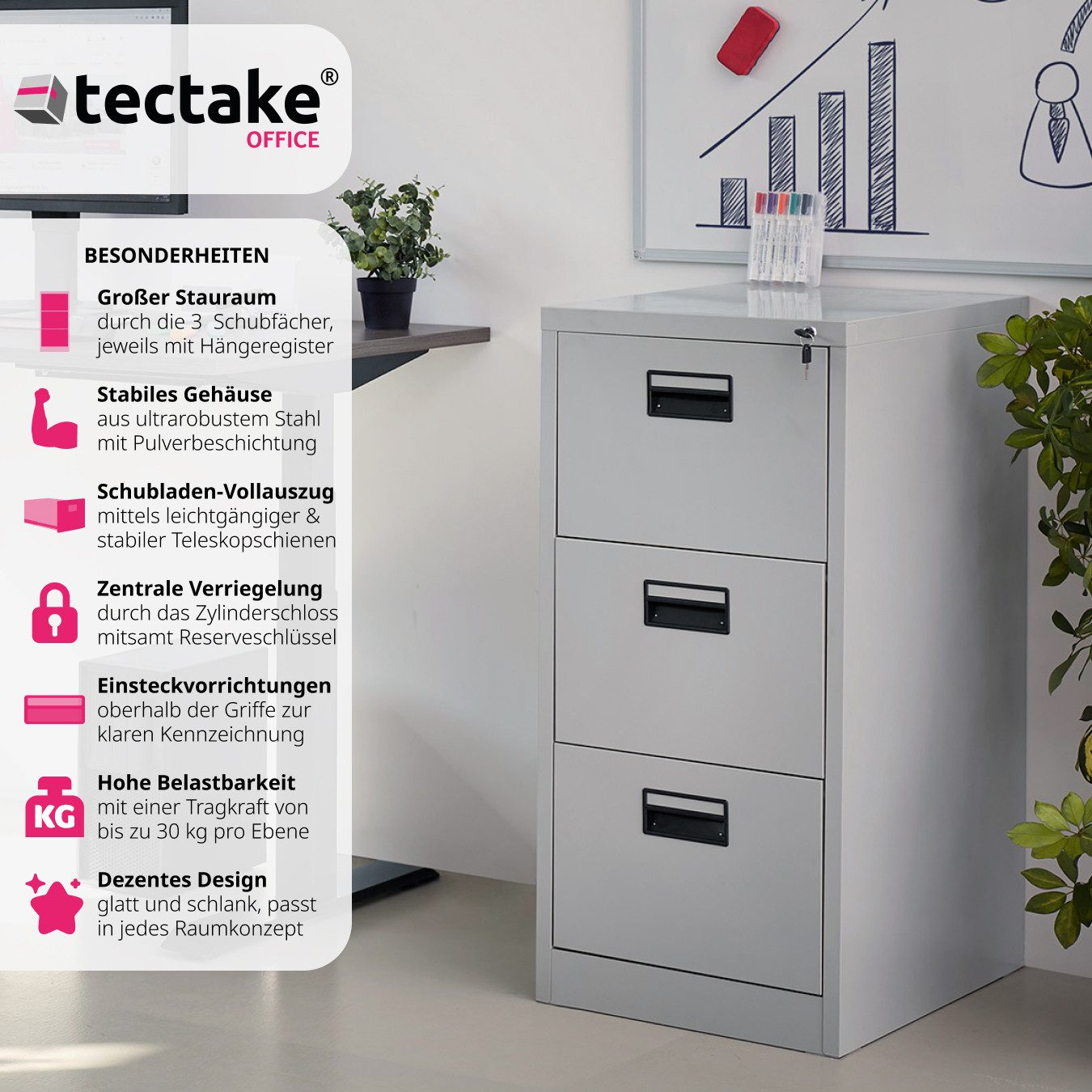 tectake Aktenschrank Büroschrank mit 3 Schubladen günstig online kaufen