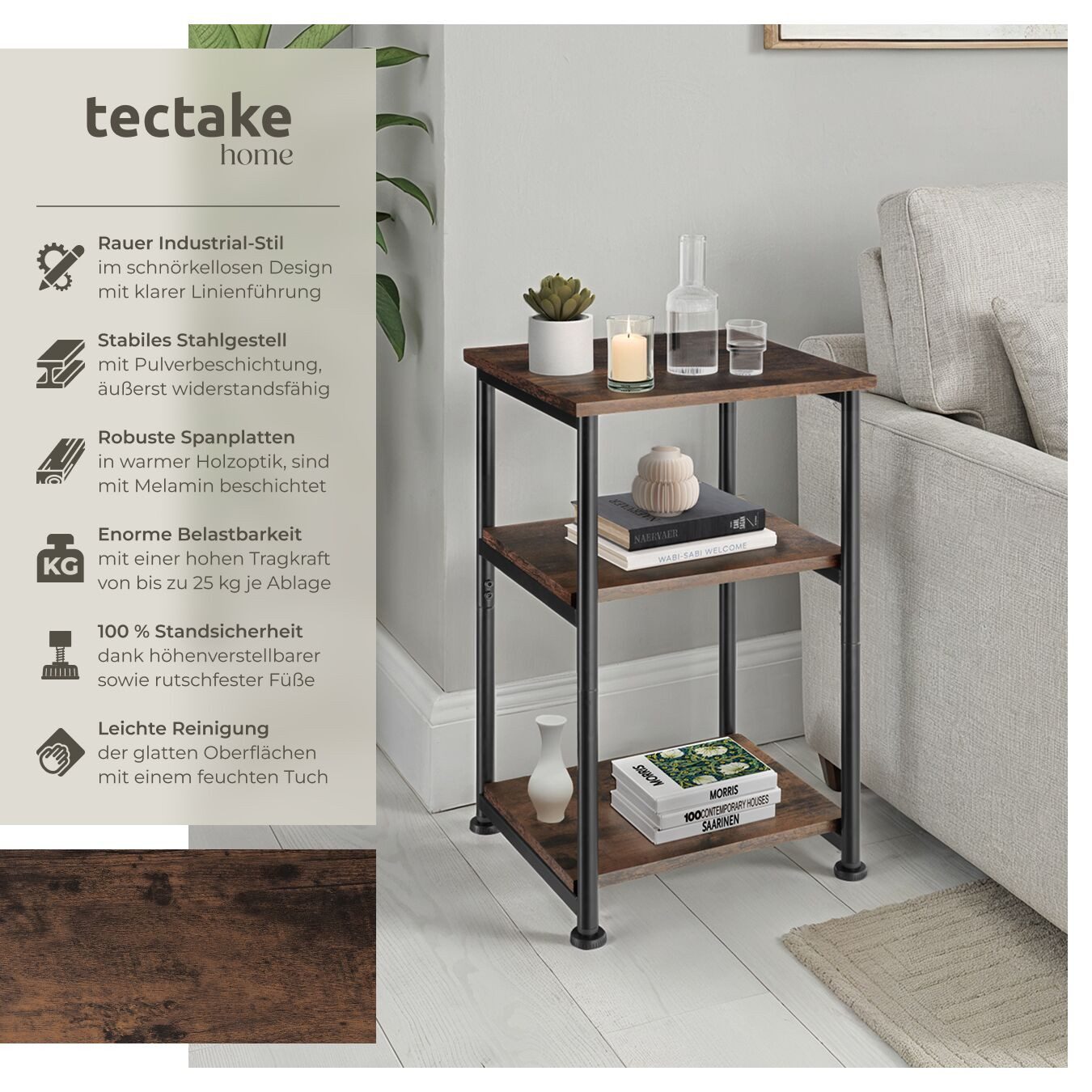 tectake Beistelltisch Couchtisch Memphis 34x30x59cm (1-St., 1 tlg), Handlicher Beistelltisch mit drei Ablagen im rauen Fabrik-Look
