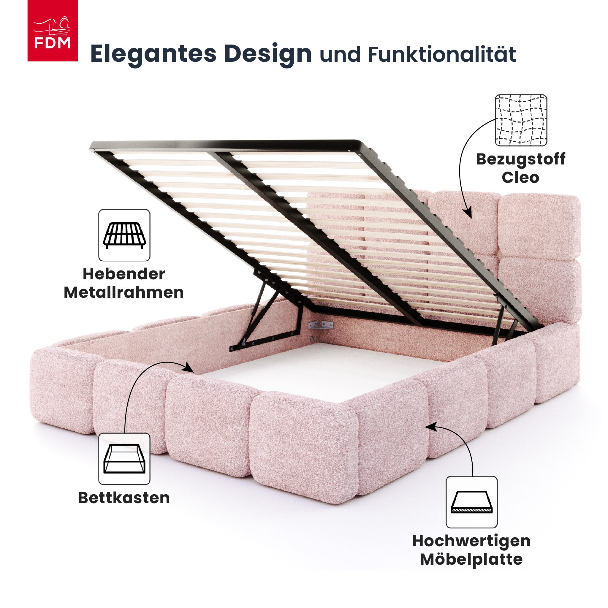 FDM Polsterbett CLOUDY Bettgestell Bett 140x200, 160x200, 180x200 cm Bestseller (verfügbar 140x200 160x200 180x200cm, Bettrahmen, Bett, mit großen gepolsterten Kopfteil, mit Bettkasten zum aufklappen), Hebbarer Metallrahmen, Bettkasten, ohne Matratze