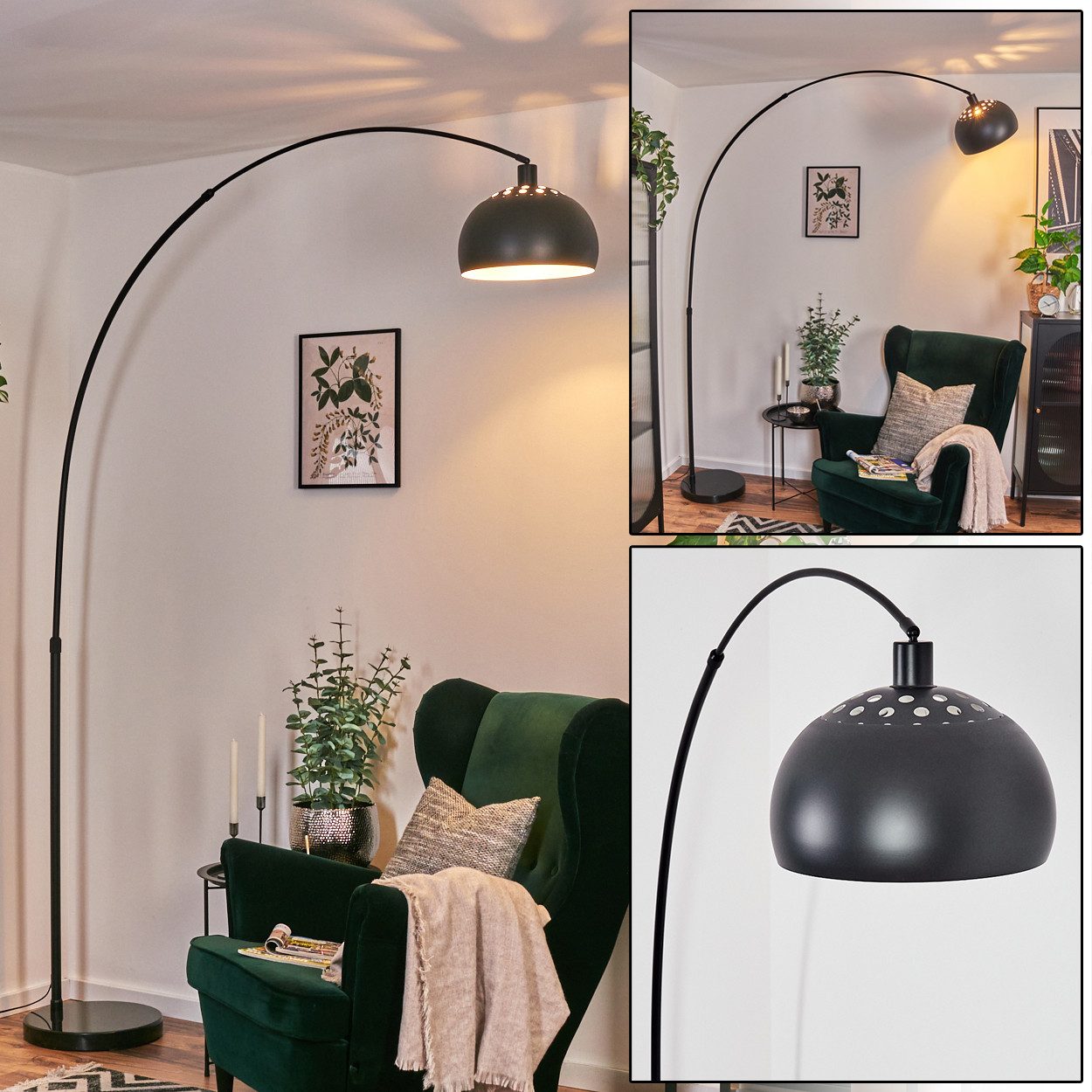 Bogenlampe Stehlampe aus Metall in Schwarz/Weiß im Retro/Vintage-Design