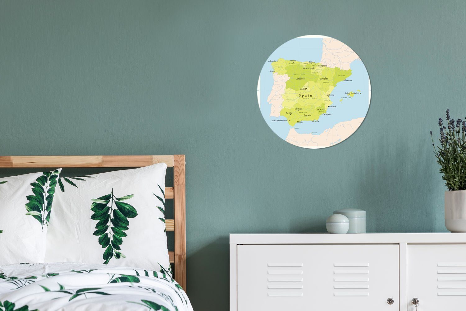 Illustration Karte grün Wohnzimmer Tapetenaufkleber, Spanien einer Rund, Tapetenkreis für in MuchoWow (1 Wandsticker St), Kinderzimmer, mit