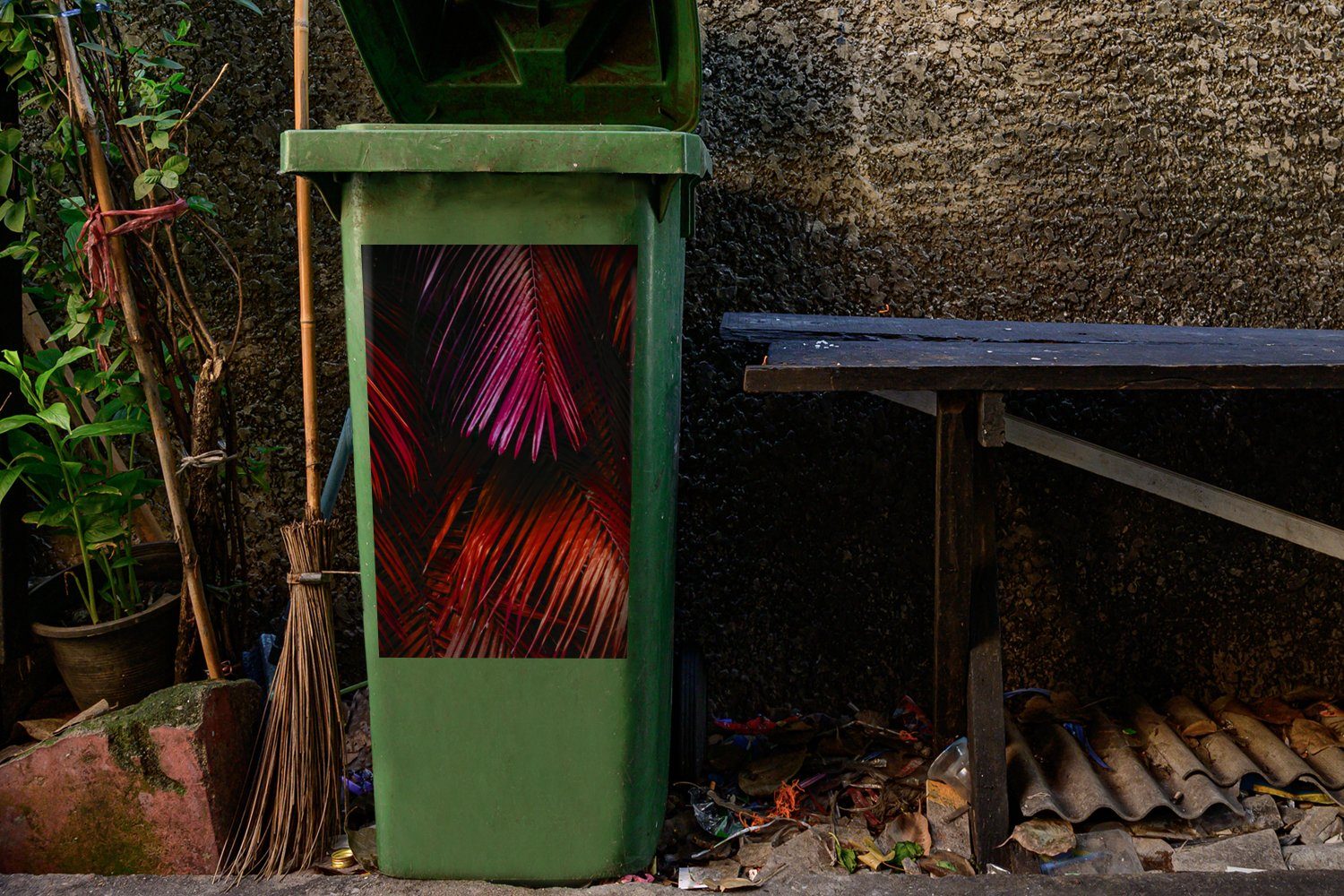 MuchoWow Wandsticker Dschungel - Rot Mülltonne, - Abfalbehälter Container, (1 Blätter St), Sticker, Mülleimer-aufkleber