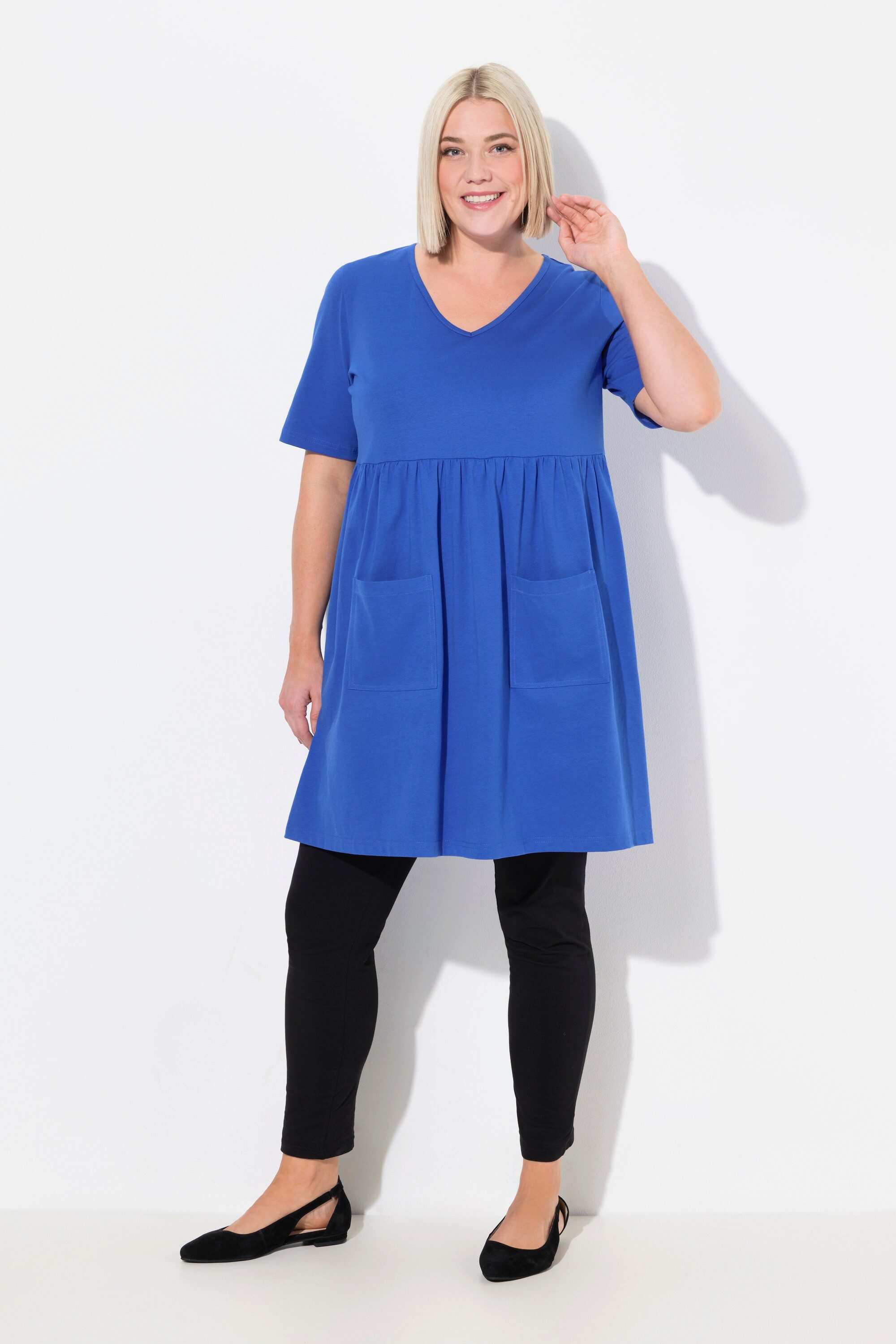 Longshirt Longshirt Empirenaht A-Linie V-Ausschnitt Halbarm